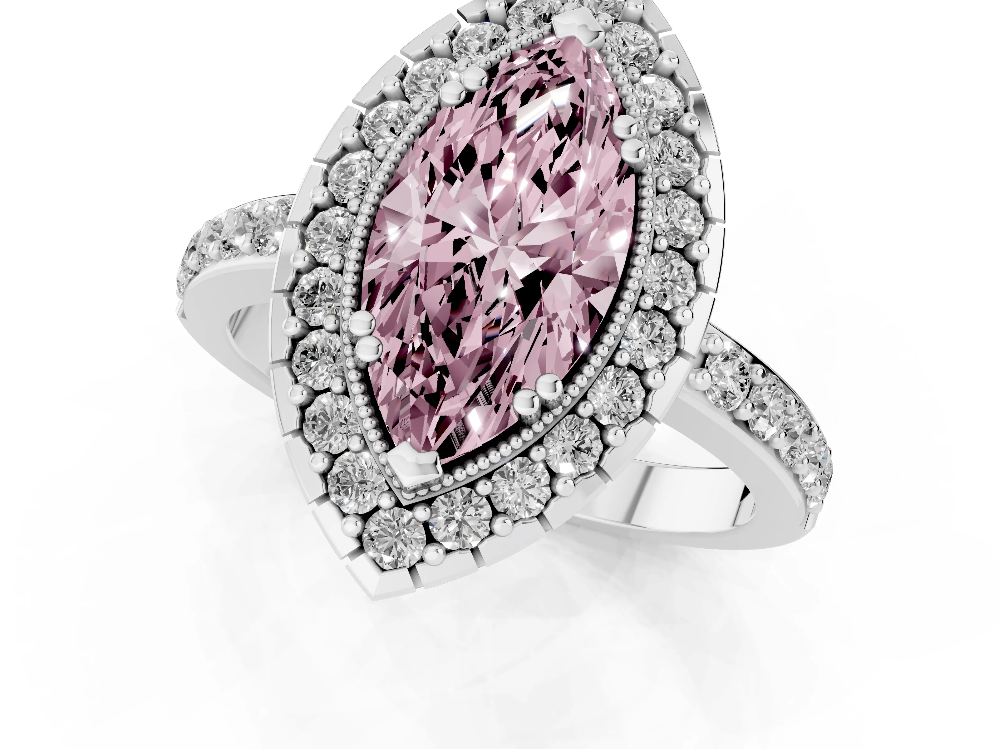 Fancy Pink Marquise Cut Diamond Halo Ring Set in White gold with Pavé Shank and Prong Setting