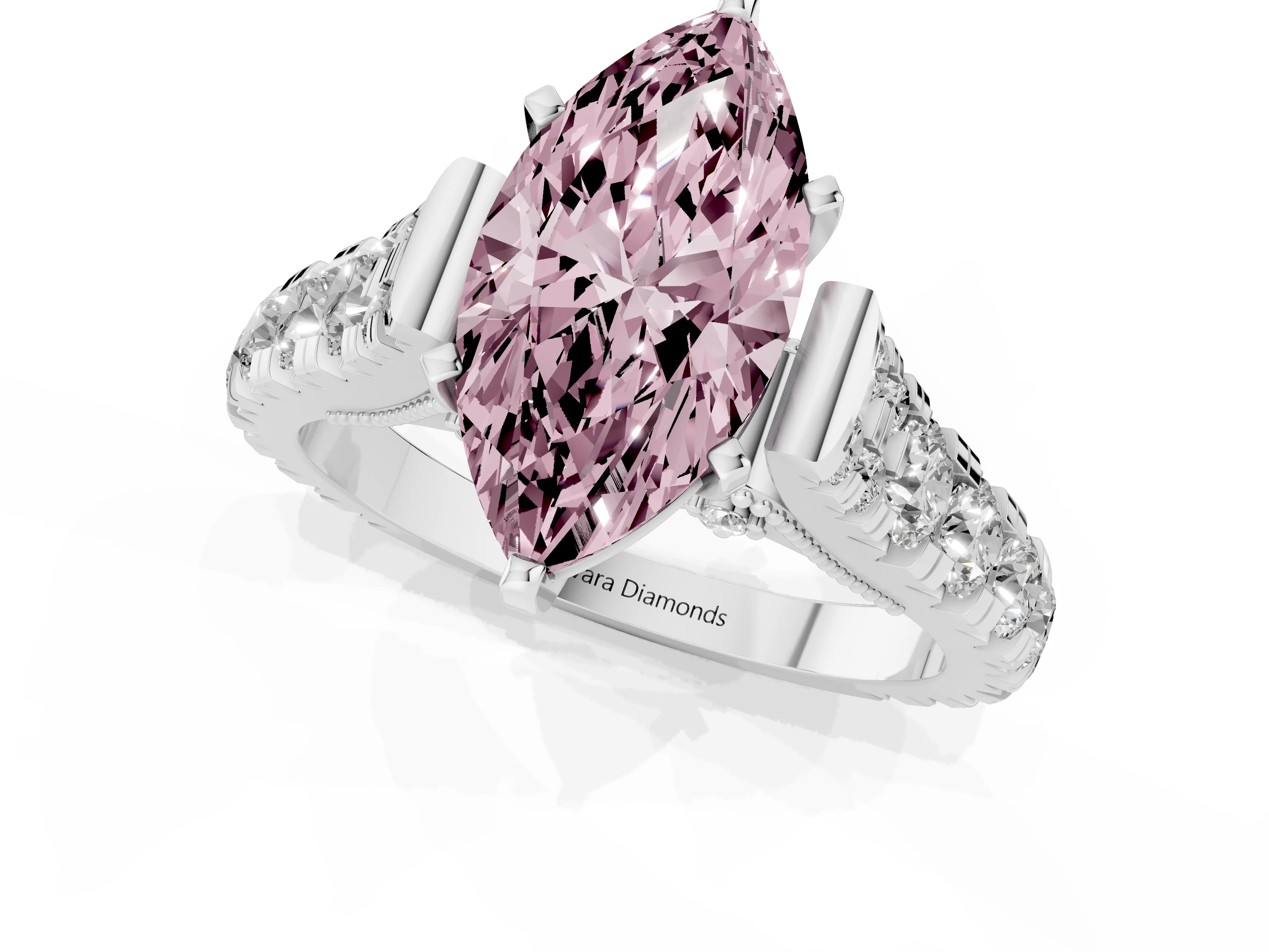 Fancy Pink Marquise Cut Diamond Classic Solitaire Ring Set in Silver with Pavé Band and Prong Setting