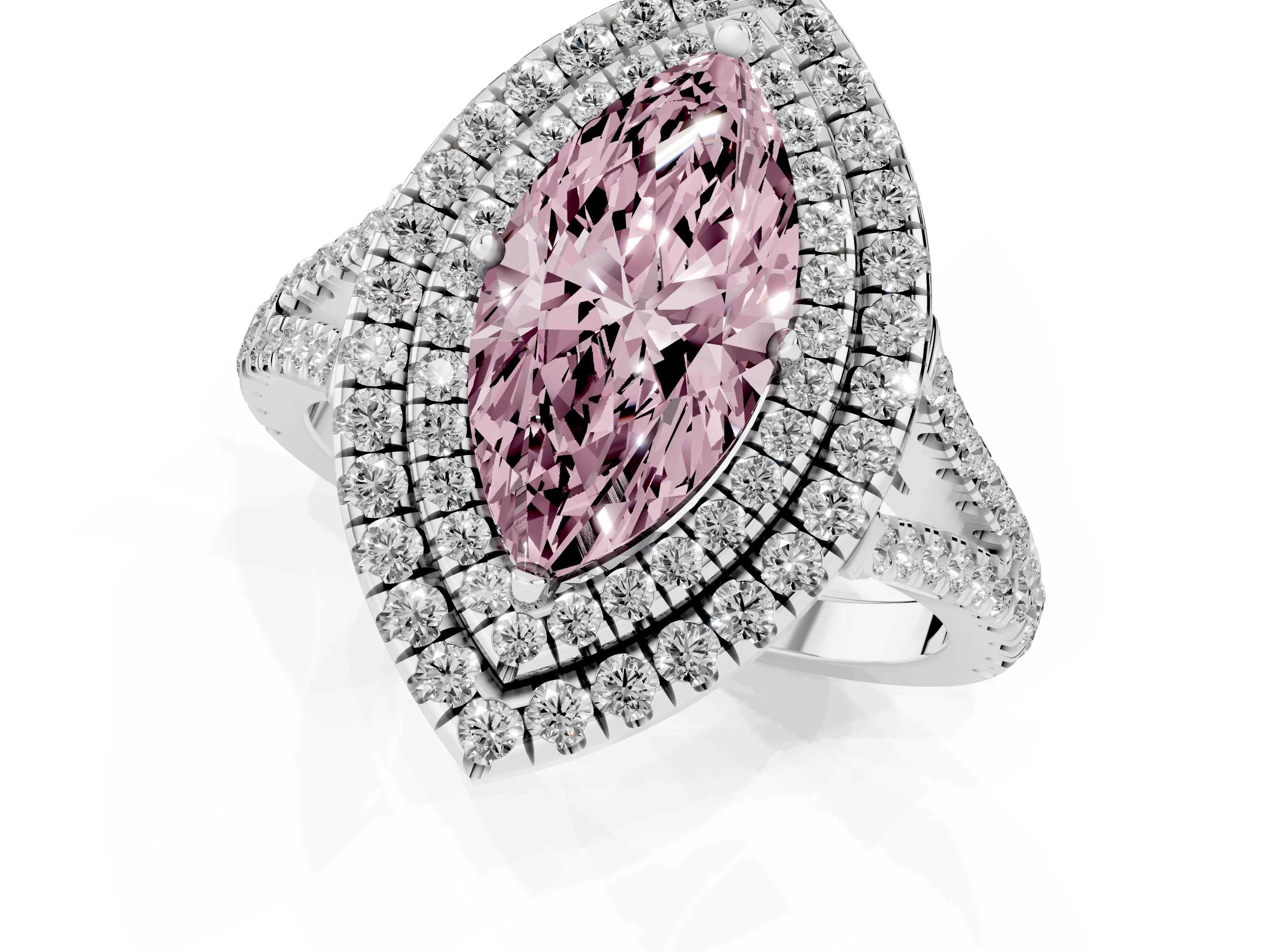 Fancy Pink Marquise Cut Diamond Double Halo Ring Set in Platinum with Pavé Band