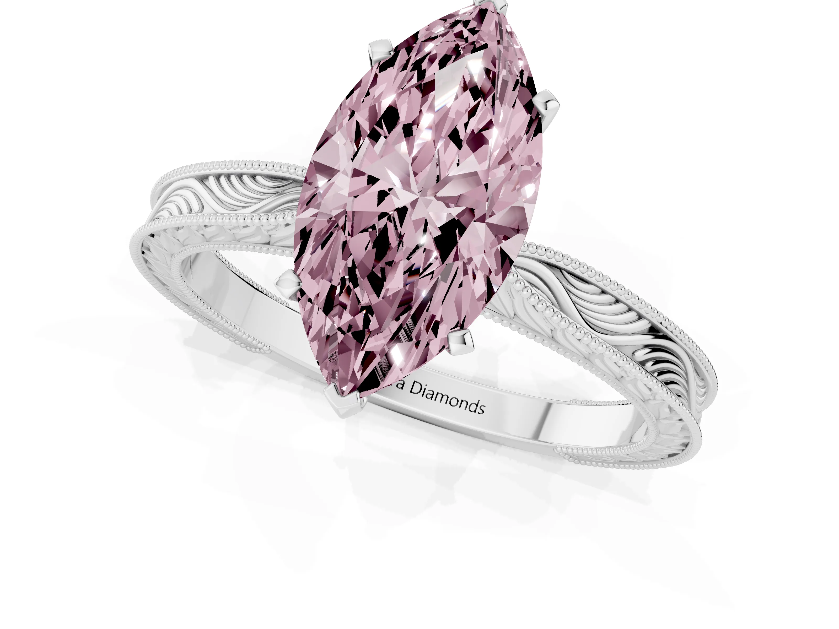 Fancy Pink Marquise Cut Diamond Solitaire Milgrain Engraved Band Set in White gold with Prong Setting