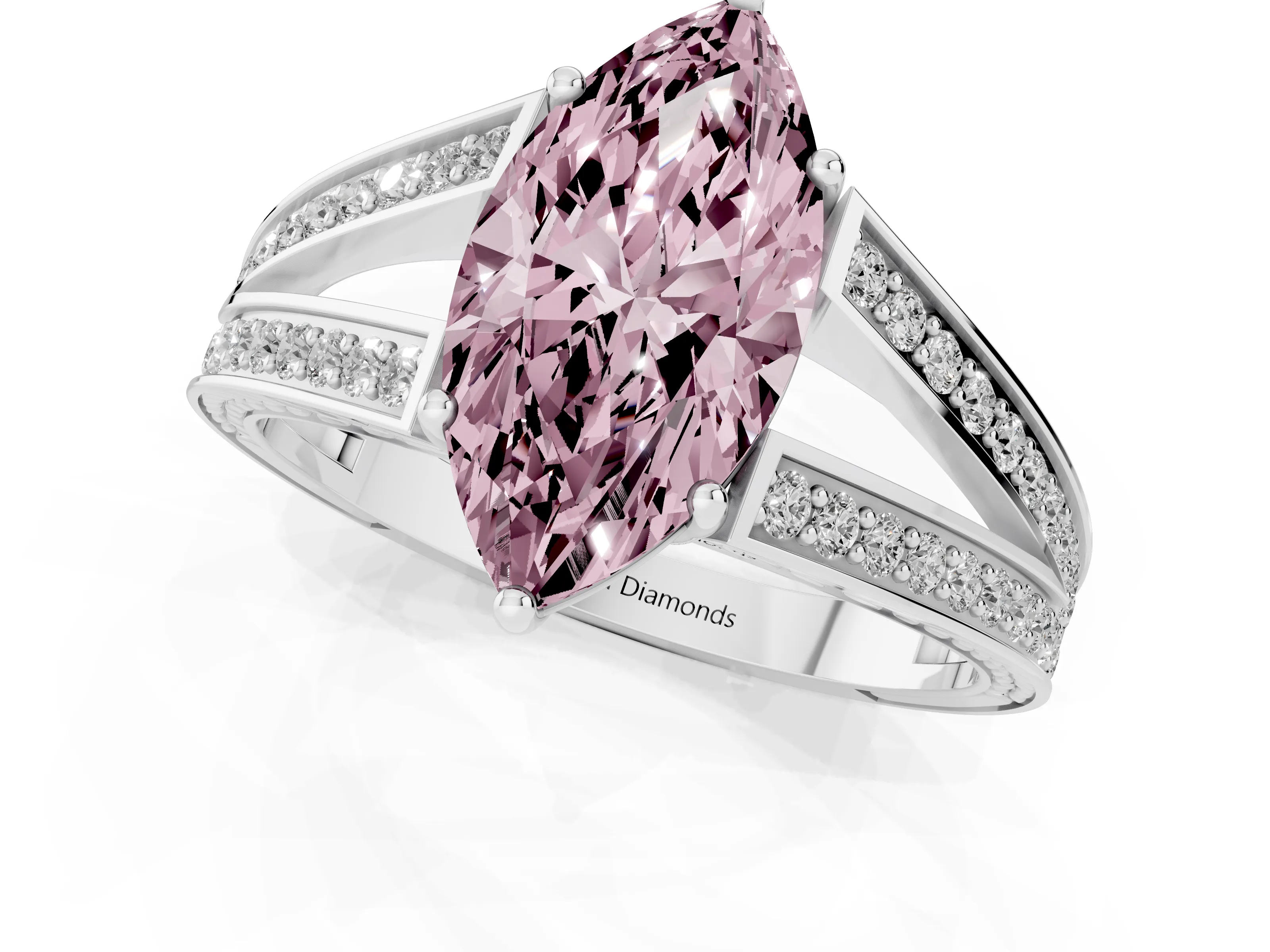 Fancy Pink Marquise Cut Diamond Split Shank Ring Set in Silver with Pavé Band and Prong Setting