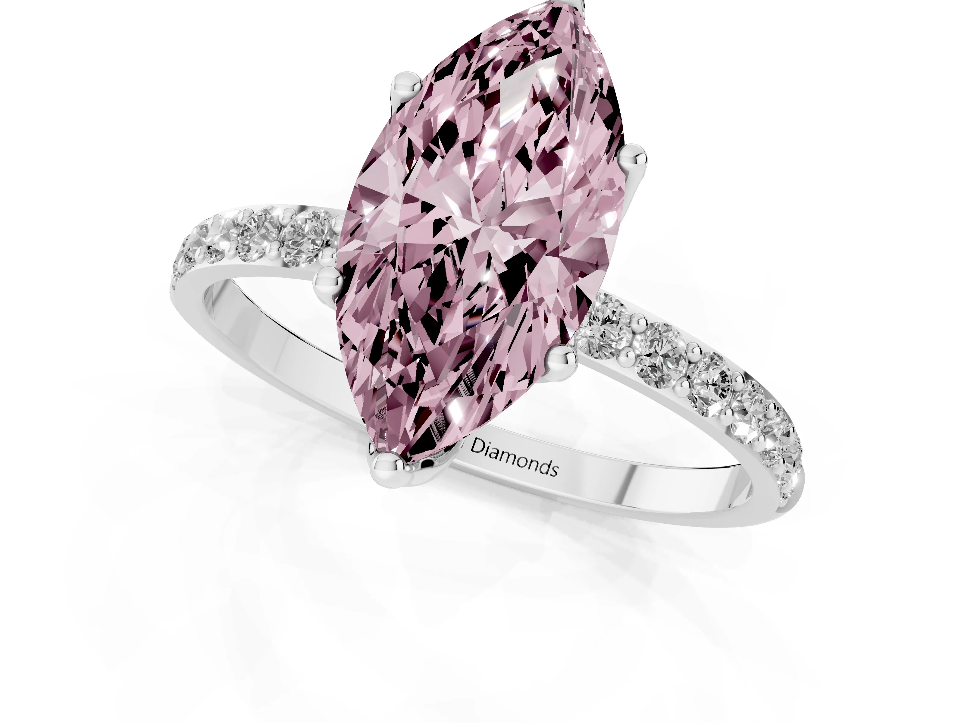 Fancy Pink Marquise Cut Diamond Solitaire Engagement Ring Set in White gold with Round Pavé Band and Prong Setting