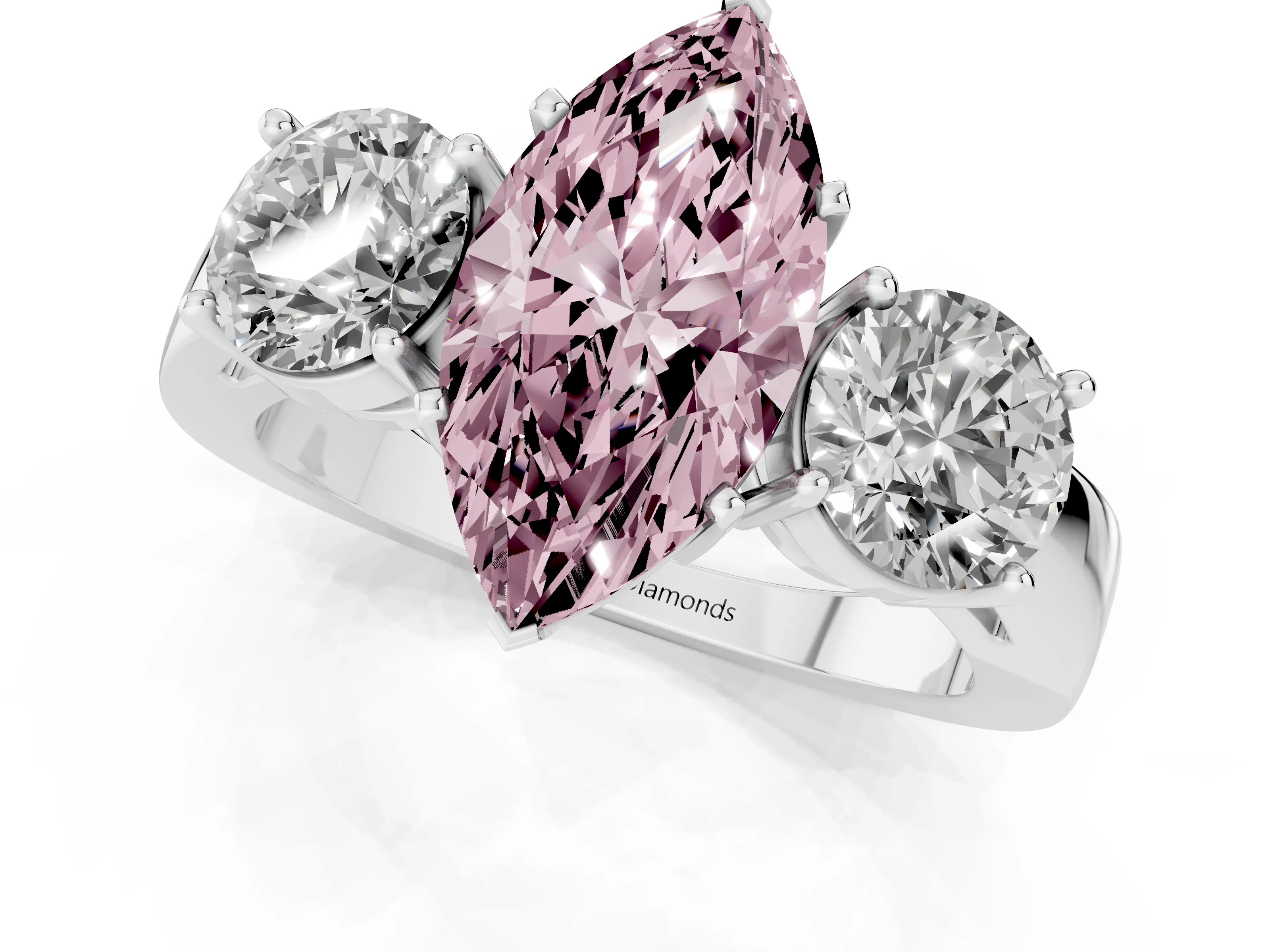 Fancy Pink Marquise Cut Diamond Three-Stone Ring Set in White gold with Round Side Stones and Classic Band