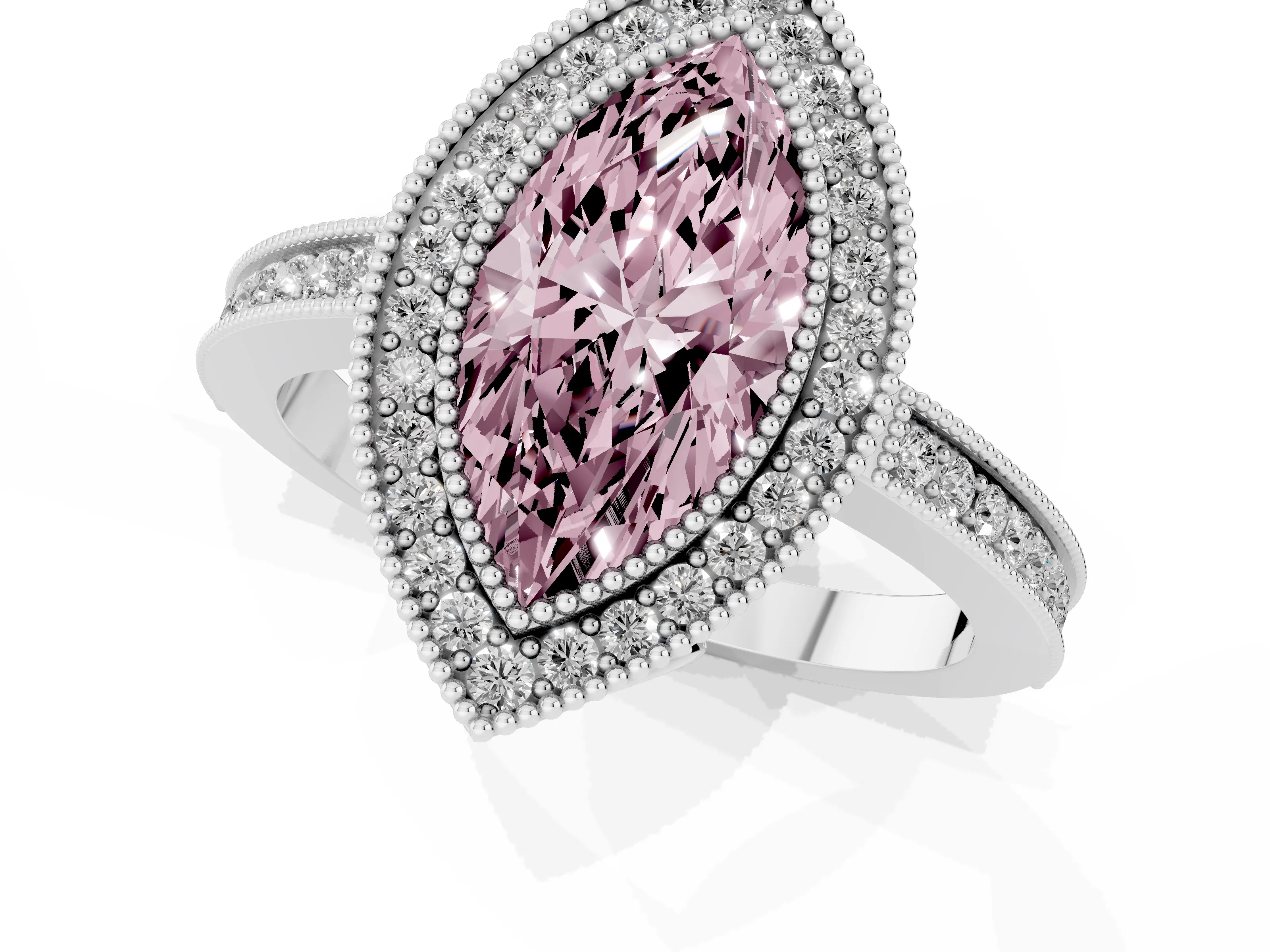Fancy Pink Marquise Cut Diamond Halo Ring Set in White gold with Pavé Band and Milgrain-Edged Prongs