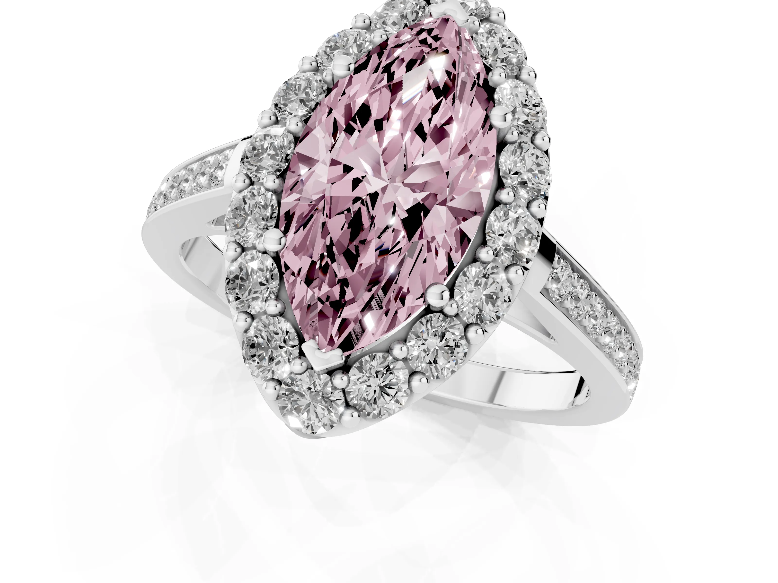 Fancy Pink Marquise Cut Diamond Floral Halo Ring Set in Silver with Pavé Band and Prong Setting