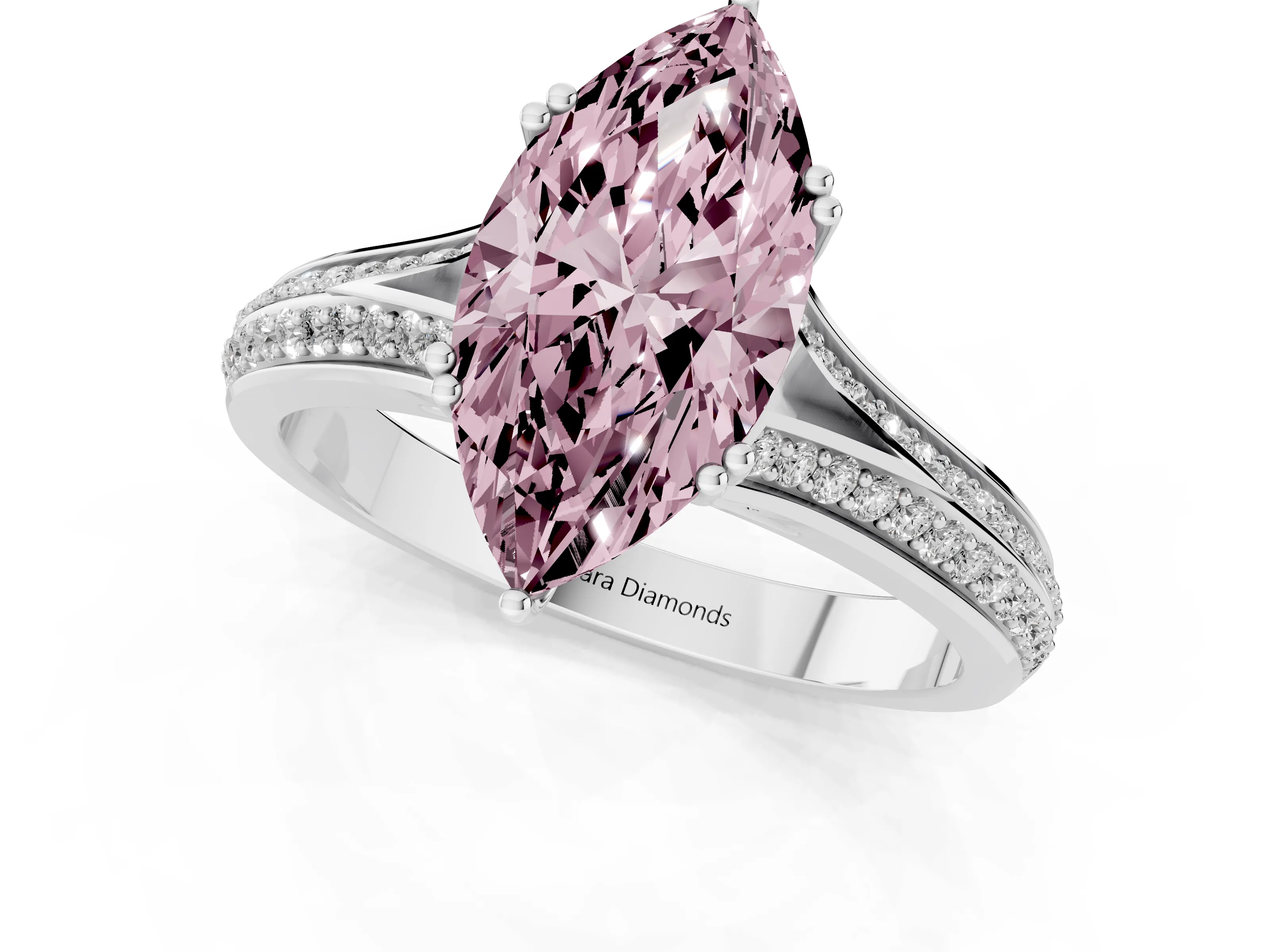Fancy Pink Marquise Cut Diamond Split Shank Pavé Engagement Ring Set in White gold with Prong-Set Center Stone