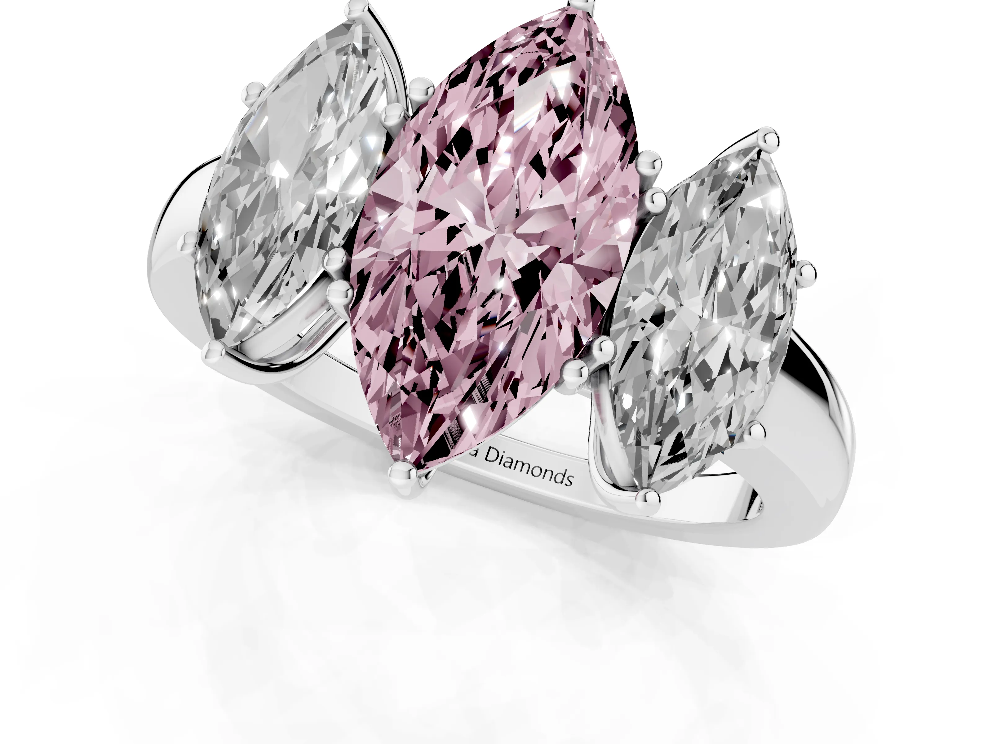 Fancy Pink Marquise Cut Diamond Three-Stone Ring Set in Silver with Bold Center and Classic Band – second view