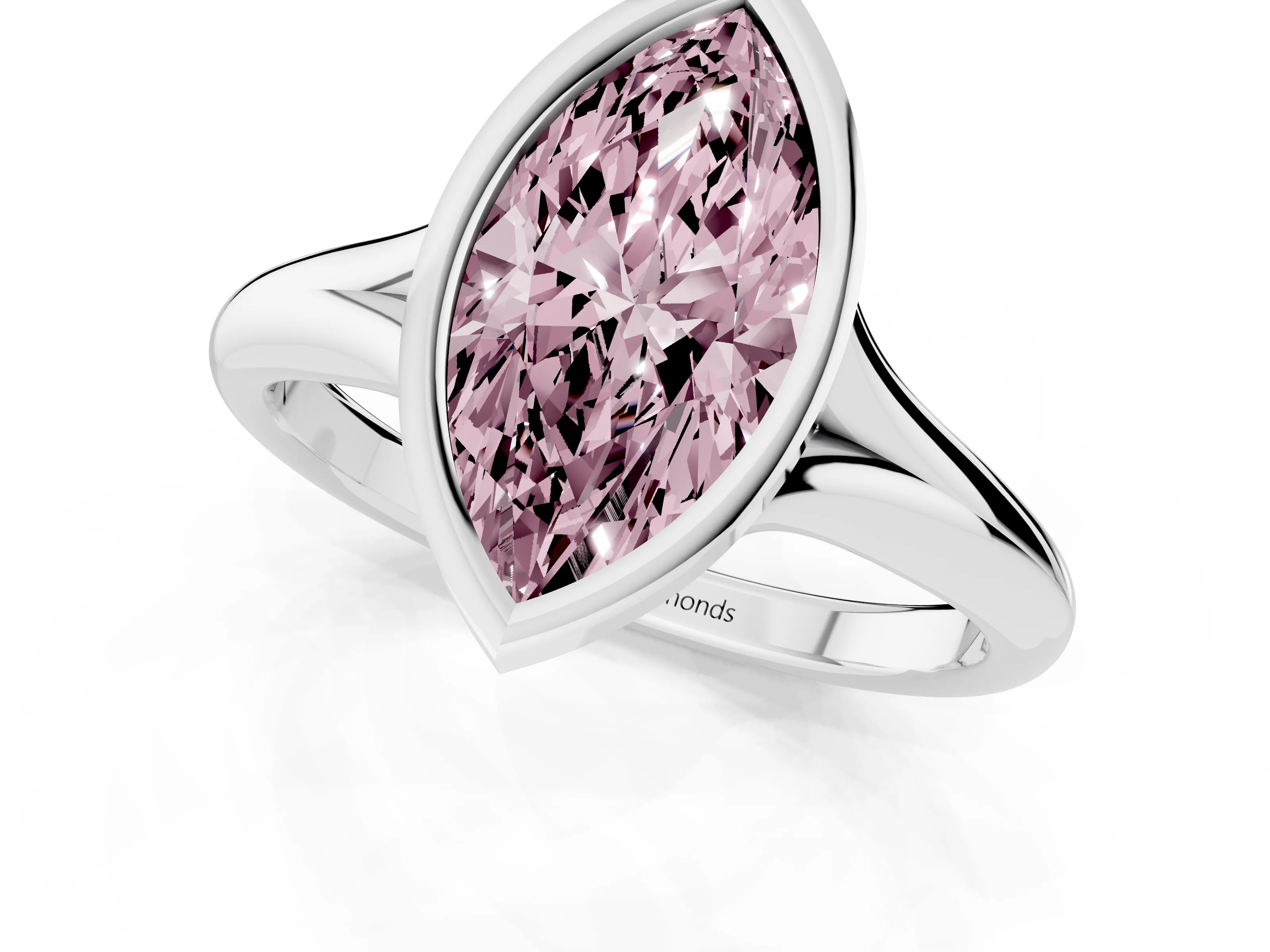 Fancy Pink Bezel Set Marquise Cut Diamond Solitaire Ring Set in White gold with Smooth Band
