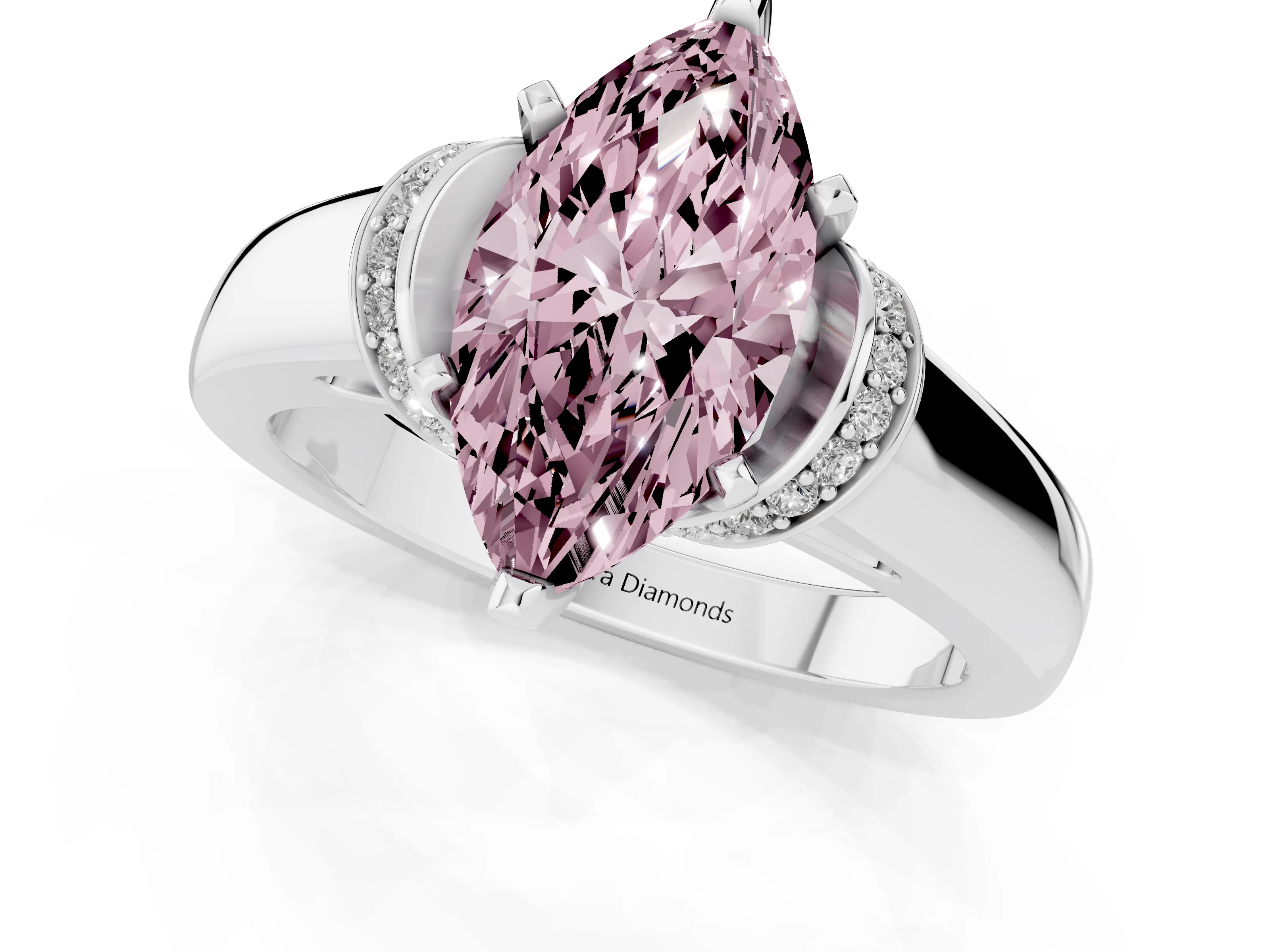 Fancy Pink Marquise Cut Diamond Pavé Band Solitaire Ring Set in Platinum with Prong Setting