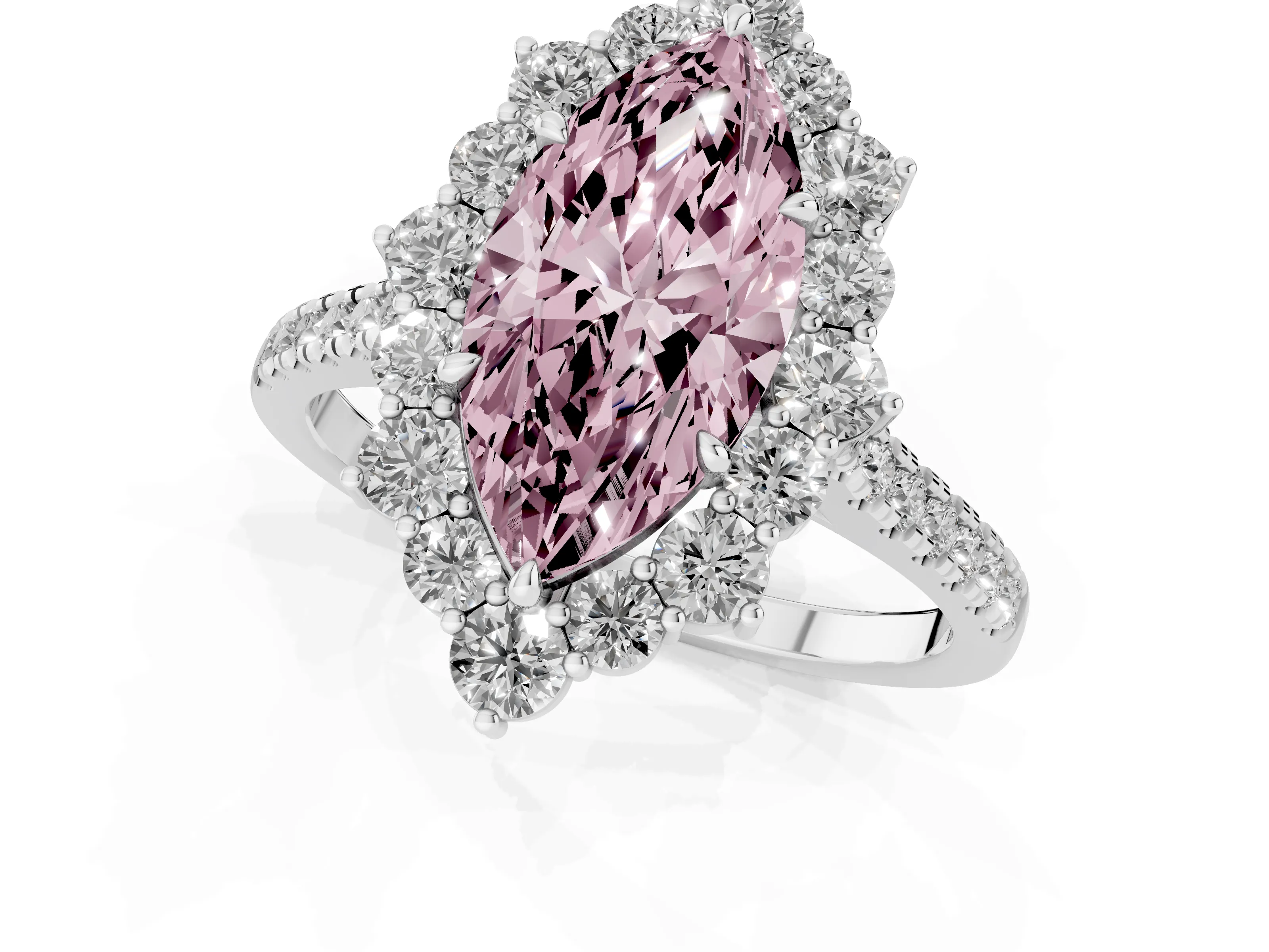 Fancy Pink Marquise Cut Diamond Halo Ring Set in White gold with Pavé Band and Prong Setting