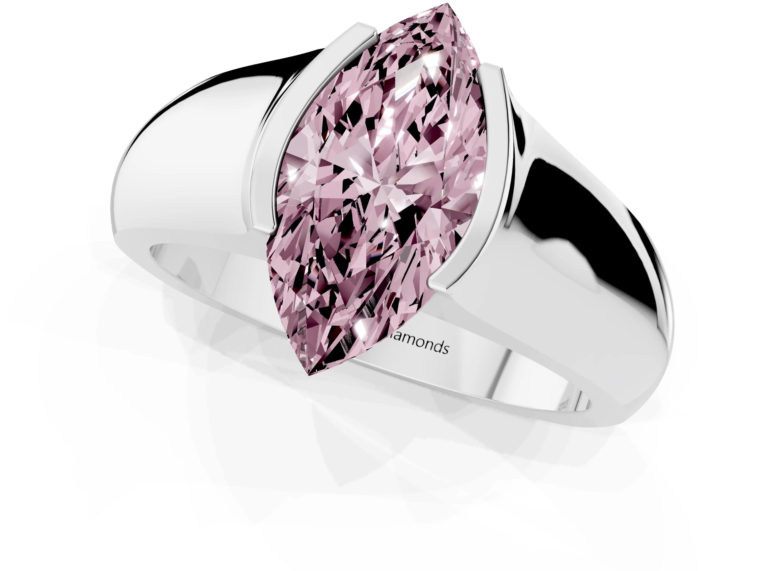 Fancy Pink Marquise Cut Diamond Bezel Solitaire Ring Set in White gold with Wide Band