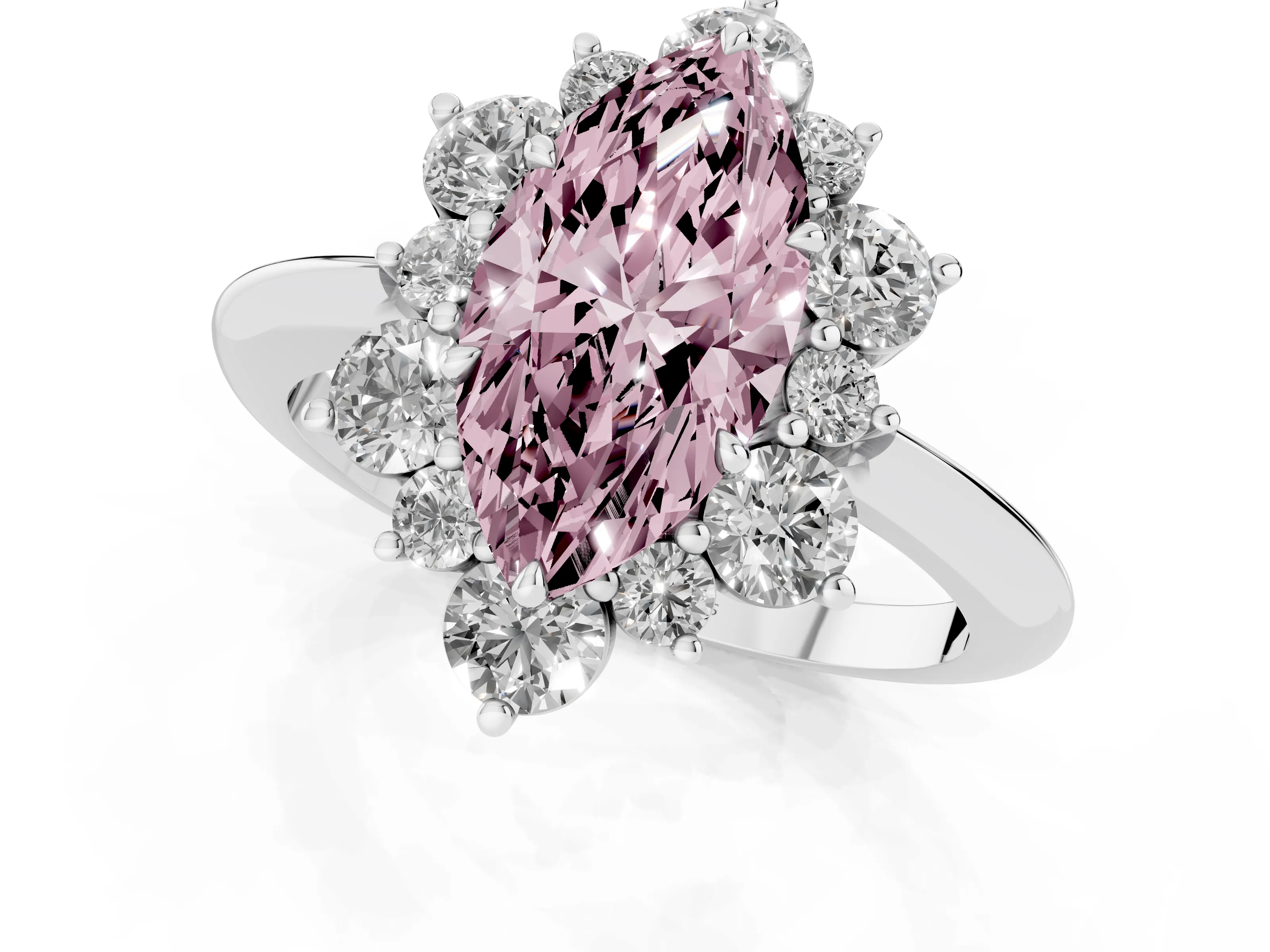 Fancy Pink Marquise Cut Diamond Cluster Halo Ring Set in White gold with Solitaire Band and Prong Setting