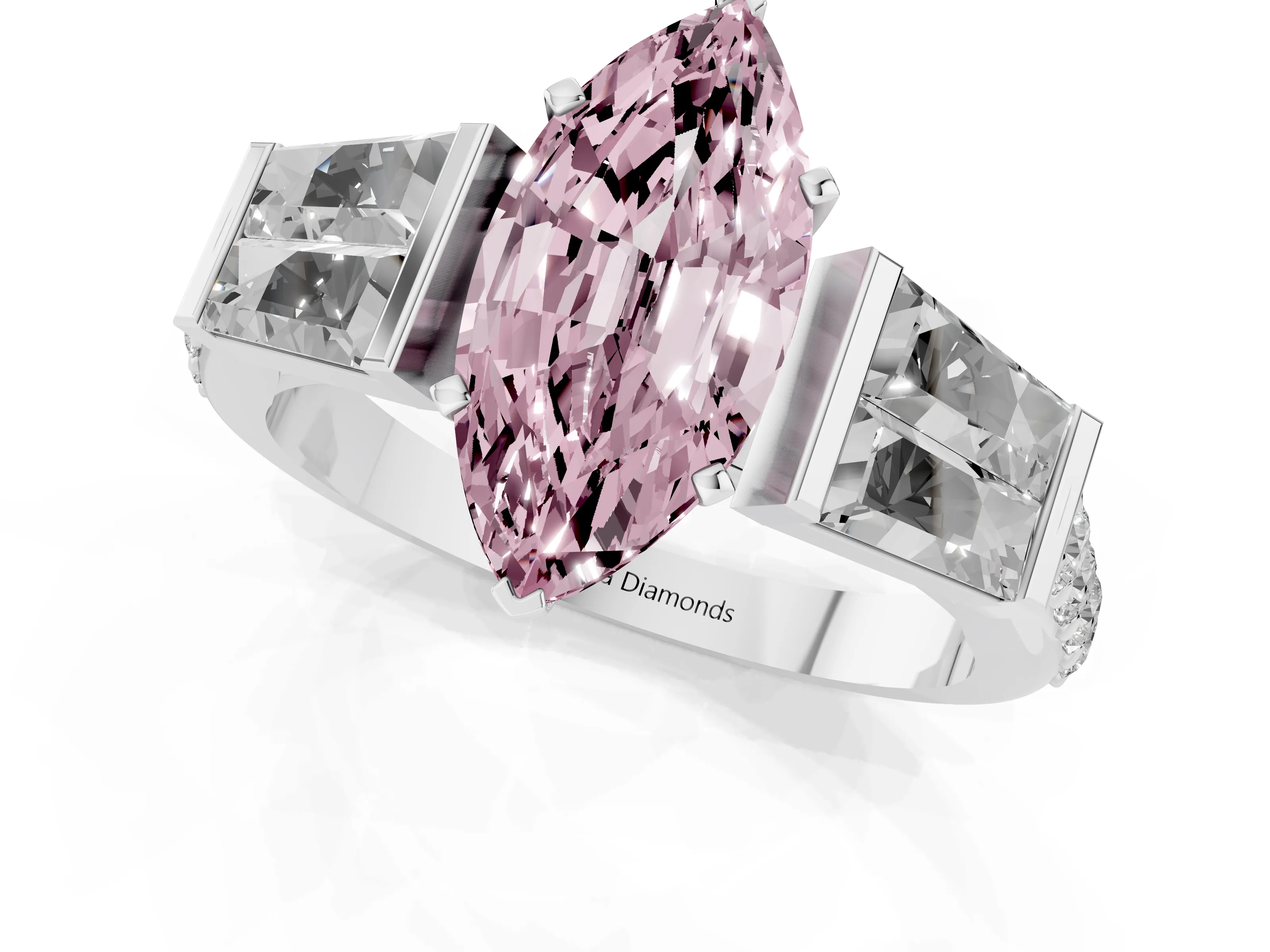 Fancy Pink Marquise Cut Diamond Engagement Ring Set in White gold with Baguette Side Stones and Channel Set Band