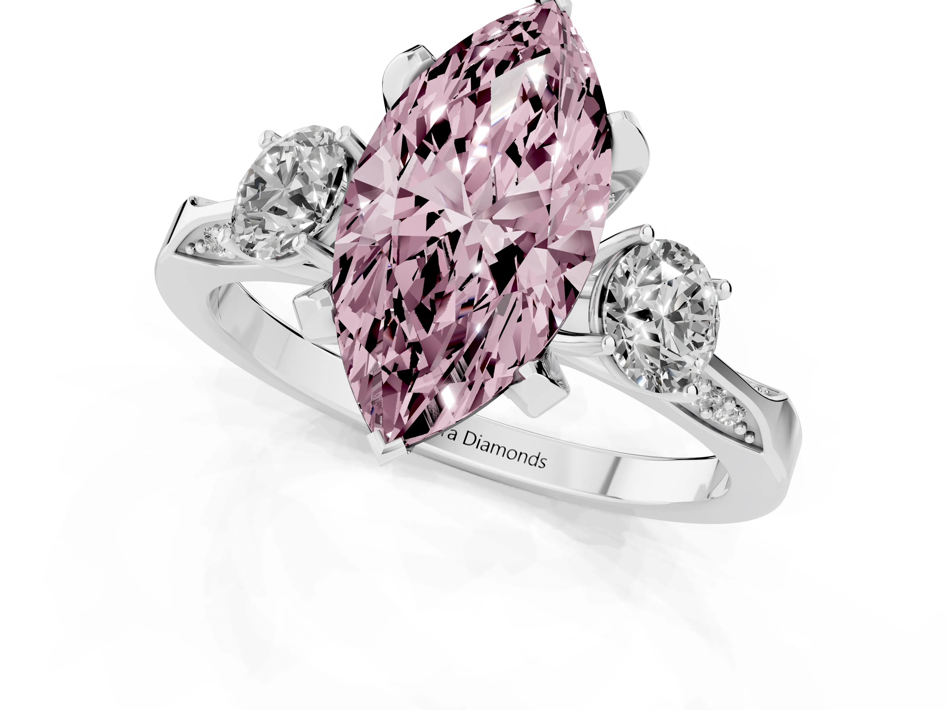 Fancy Pink Marquise Cut Diamond Three-Stone Ring Set in White gold with Pavé Band and Smaller Side Stones
