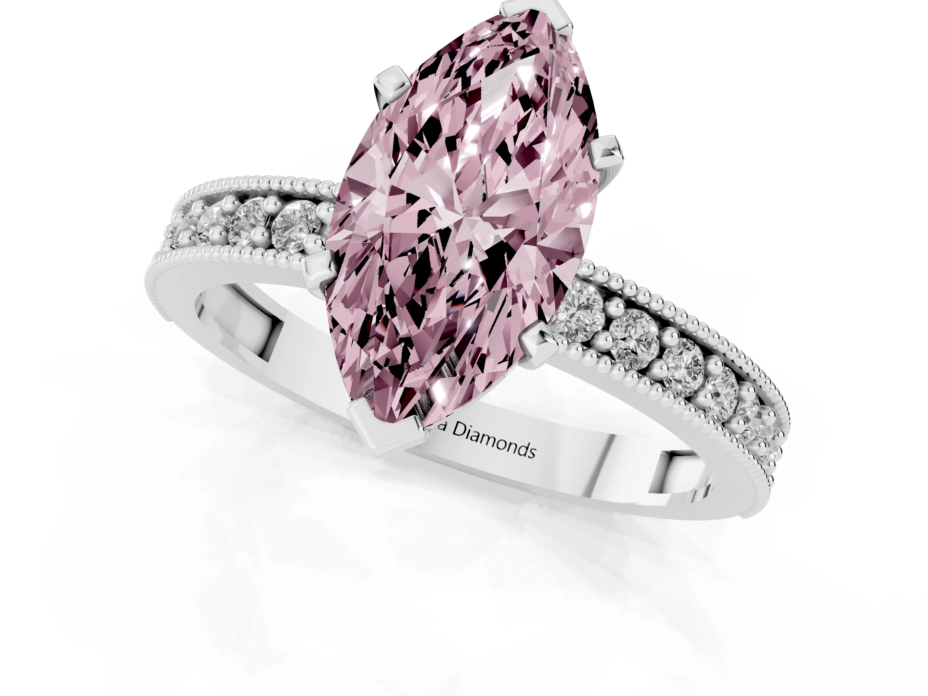 Fancy Pink Marquise Cut Diamond Milgrain Pavé Engagement Ring Set in Platinum with Prong Setting