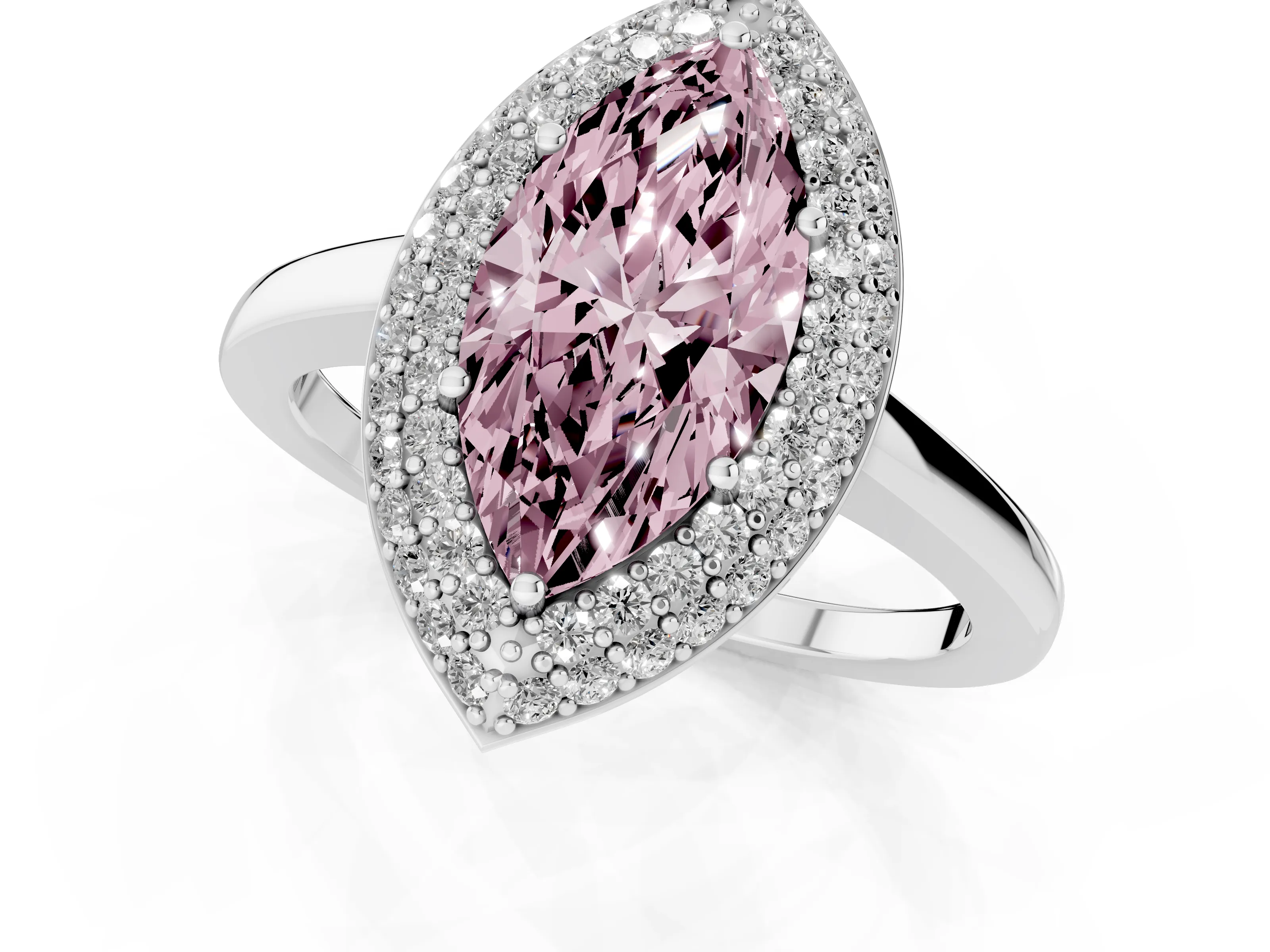 Fancy Pink Marquise Cut Diamond Halo Engagement Ring Set in Platinum with Solitaire Band and Prong Setting