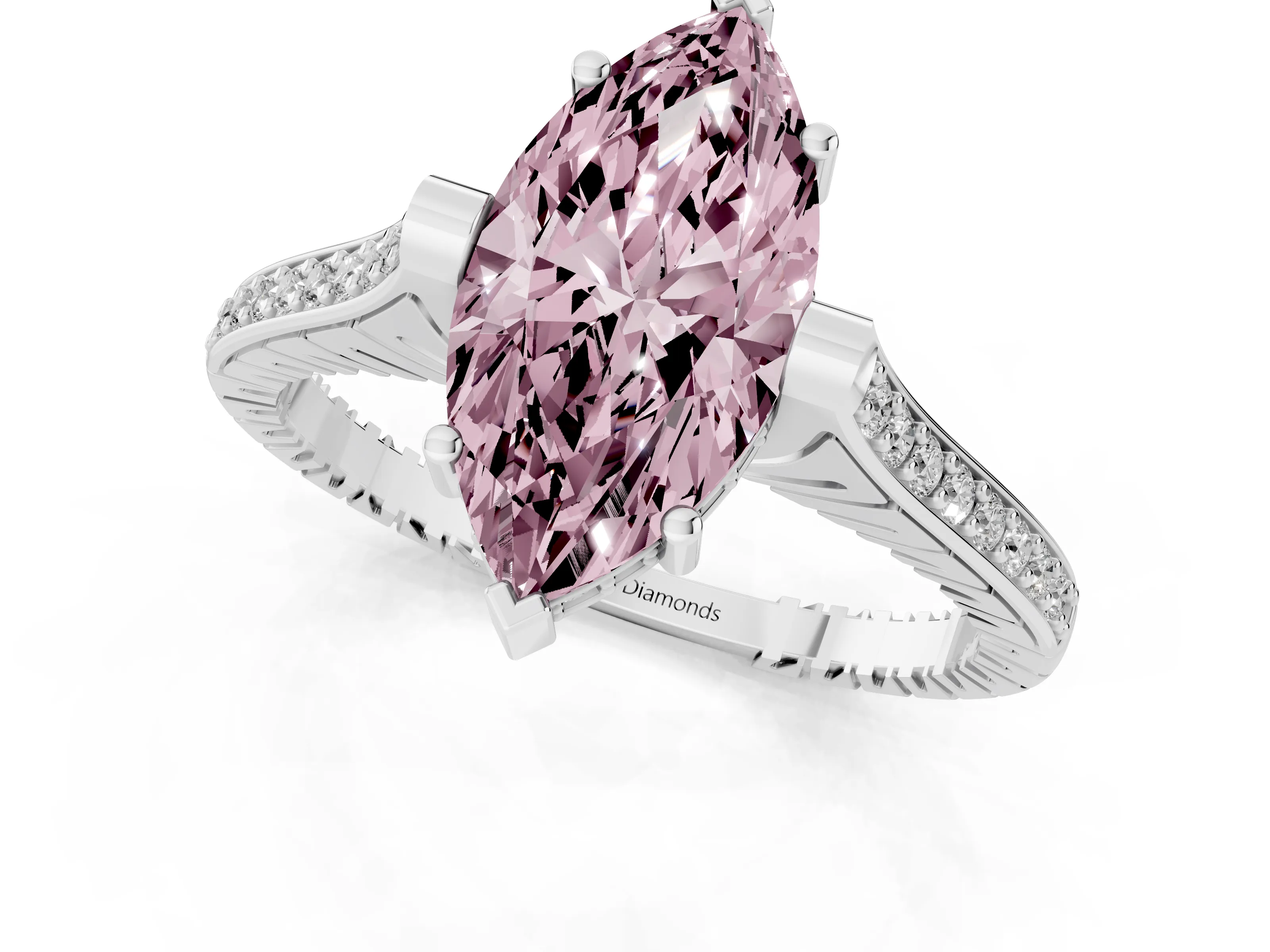 Fancy Pink Marquise Cut Diamond Solitaire Ring Set in Silver with Channel Set Band and Bezel Prong Setting