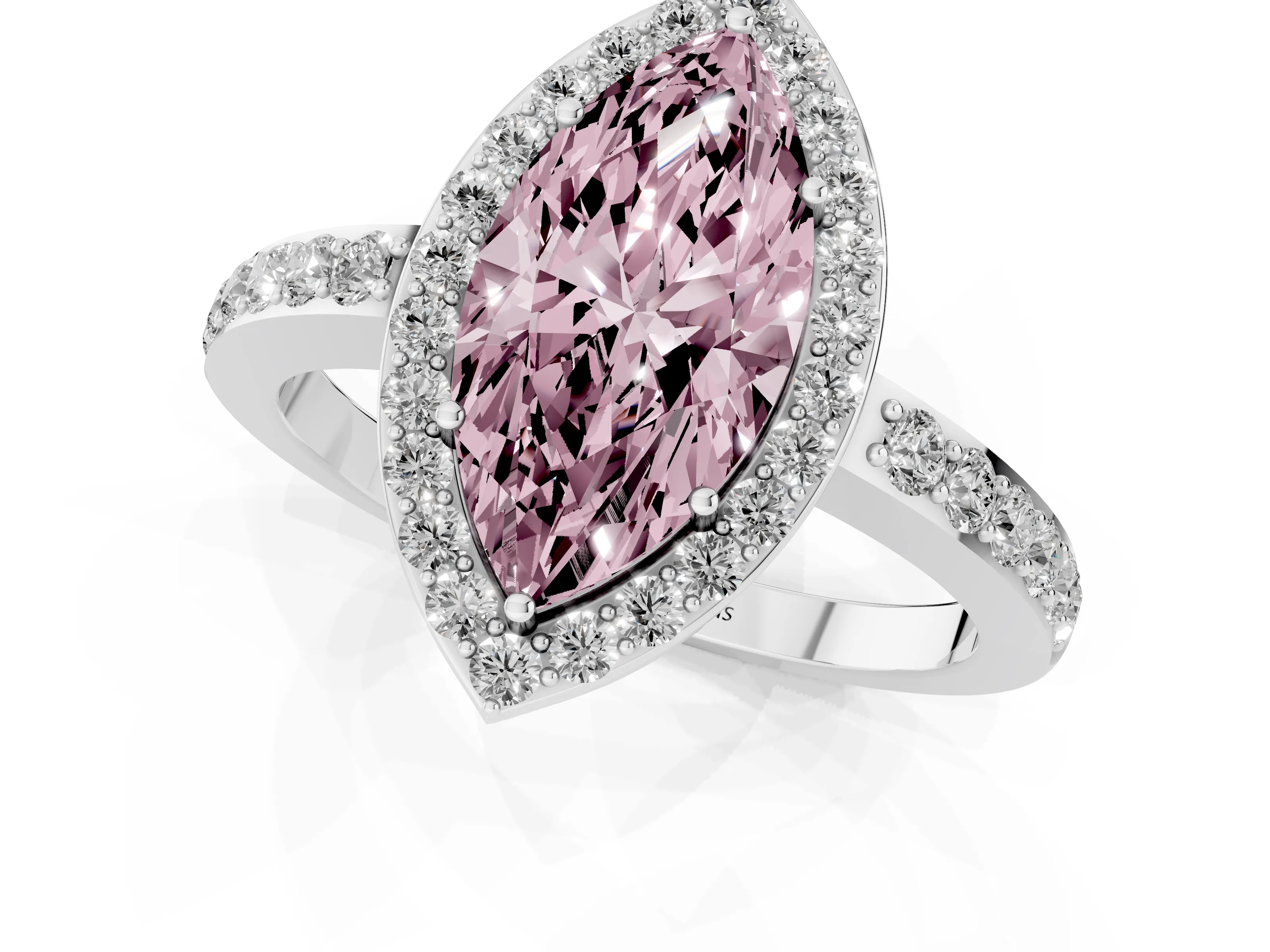 Fancy Pink Marquise Cut Diamond Halo Ring Set in White gold with Pavé-Setting Band and Open Prong Center