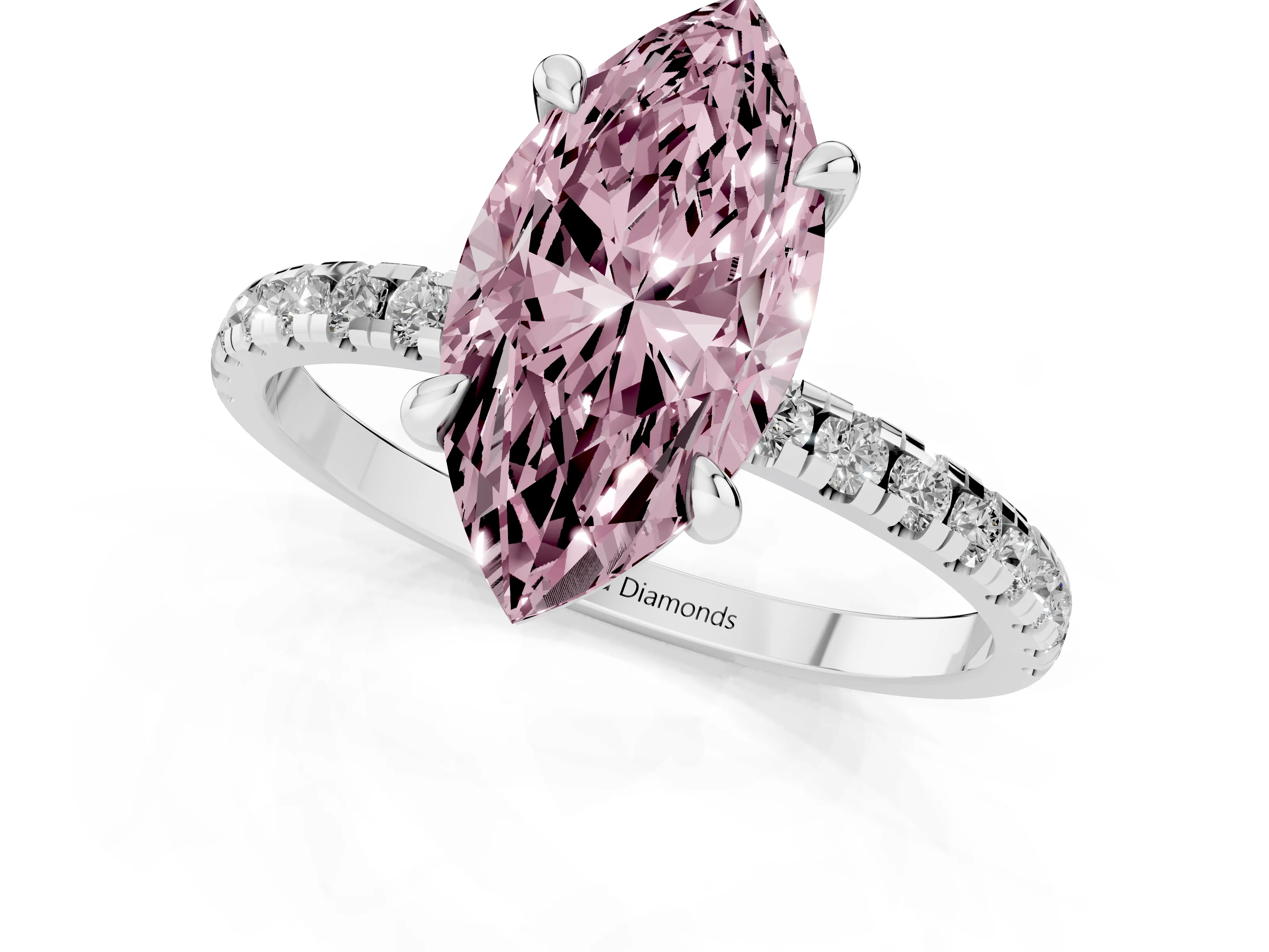 Fancy Pink Marquise Cut Diamond Brilliant Solitaire Ring Set in Silver with Pavé Band and Prong Setting