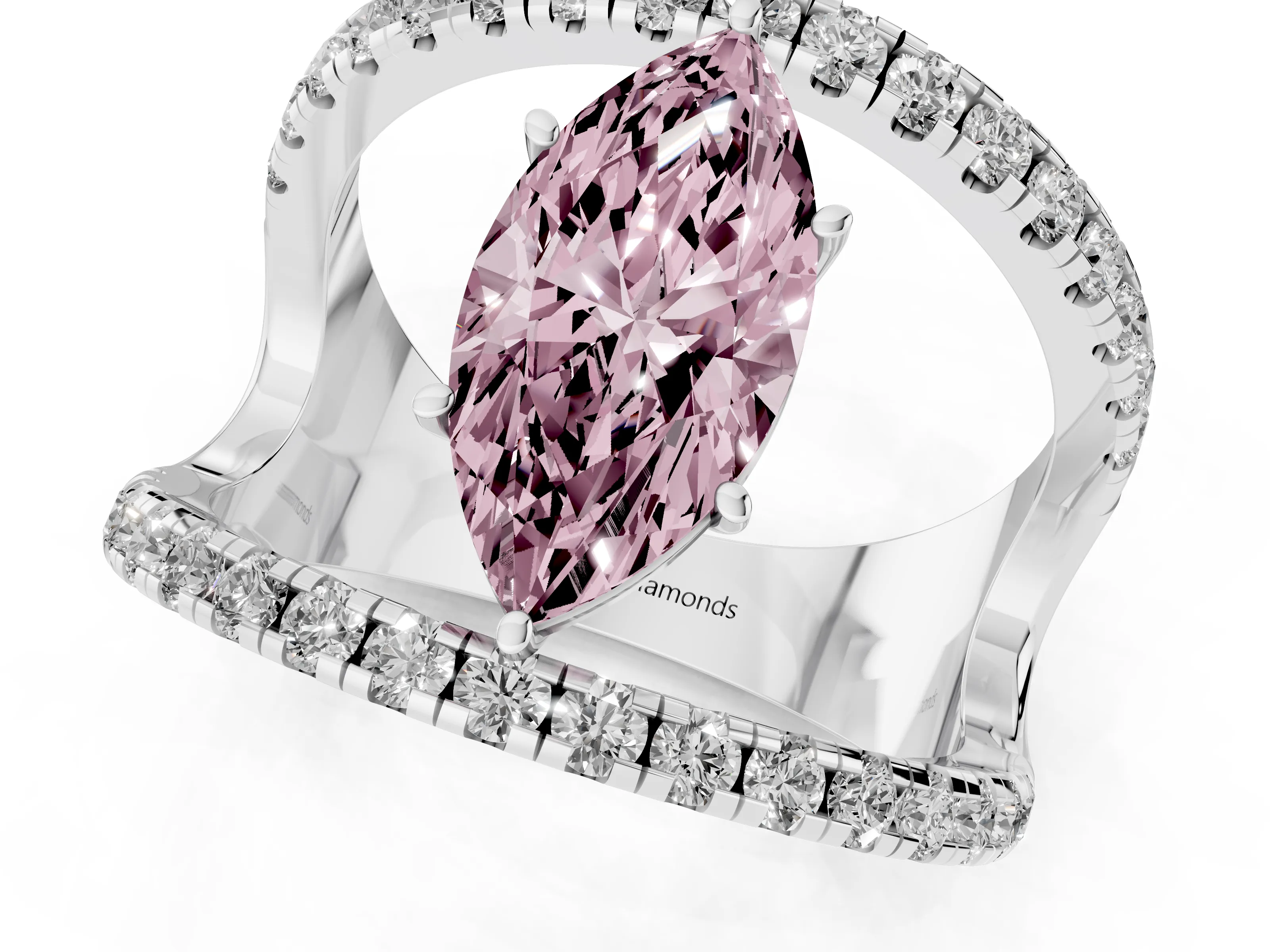Fancy Pink Marquise Cut Diamond Split Shank Pavé Solitaire Ring Set in Silver with Open Shank Design
