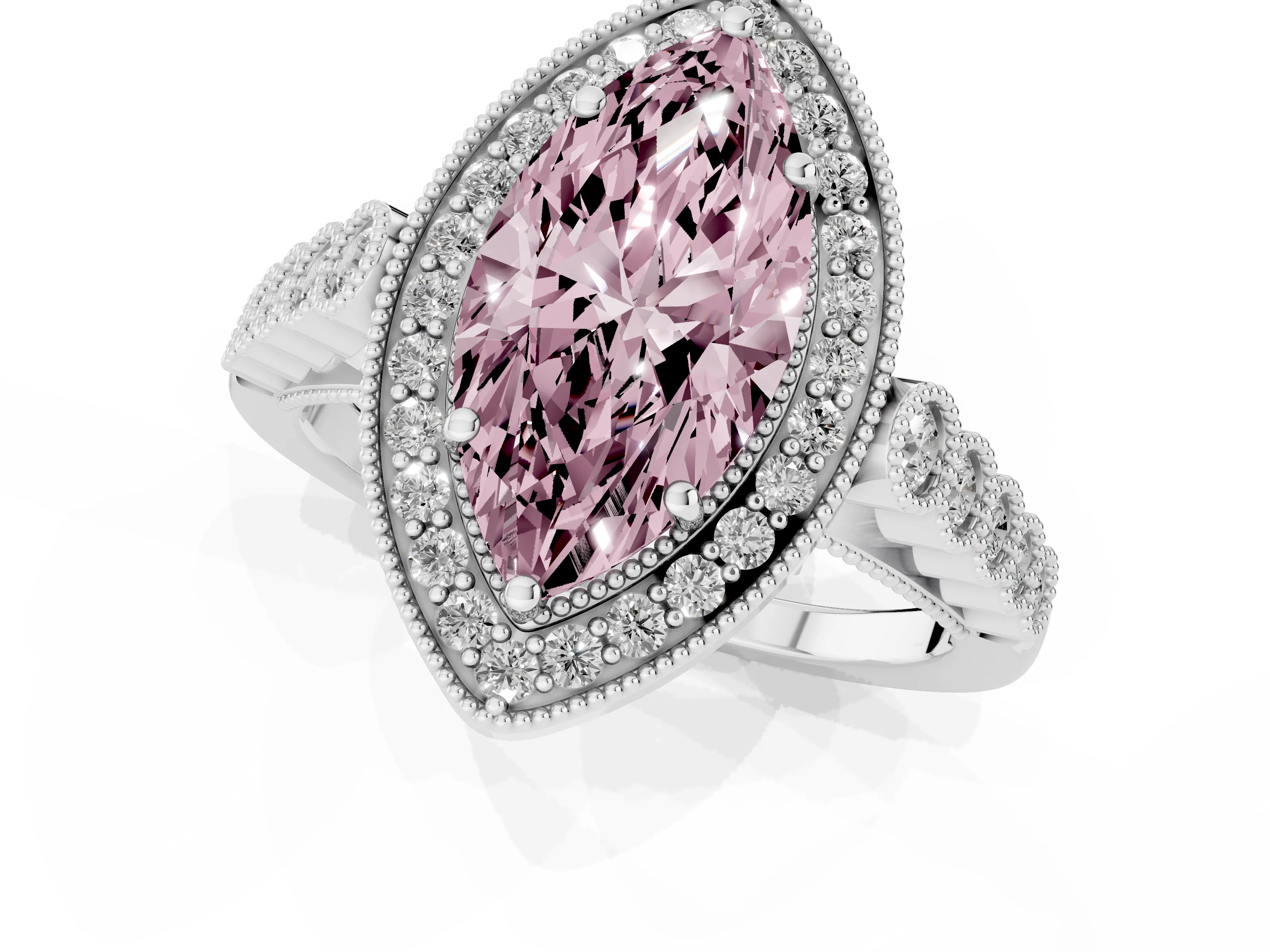 Fancy Pink Marquise Cut Diamond Milgrain Halo Solitaire Ring Set in Platinum with Bezel Set Side Stones and Pavé Band – second view