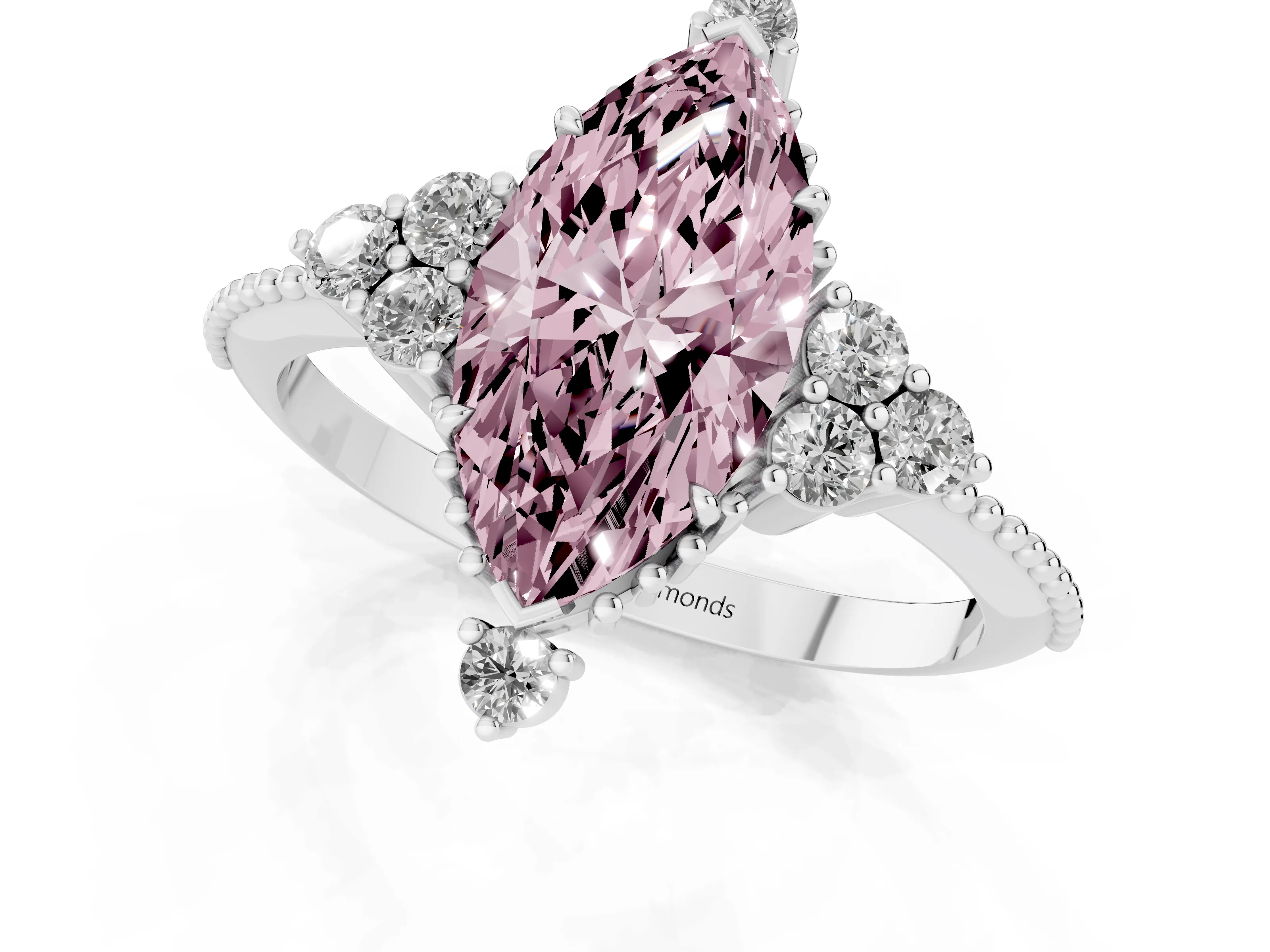 Fancy Pink Marquise Cut Diamond Cluster Ring Set in Silver with Beaded Band