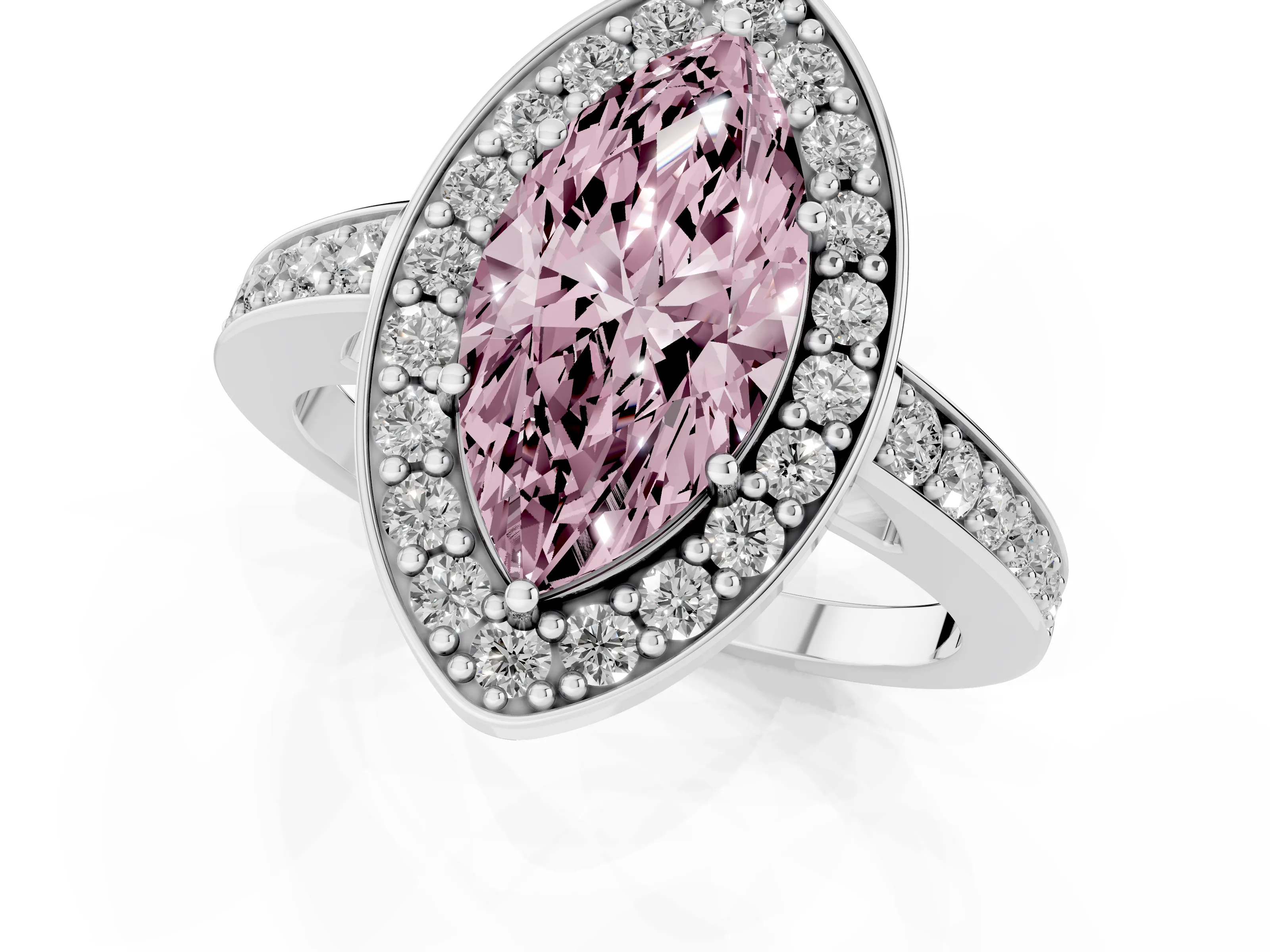 Fancy Pink Marquise Cut Diamond Halo Pavé Engagement Ring Set in White gold with Bezel Setting