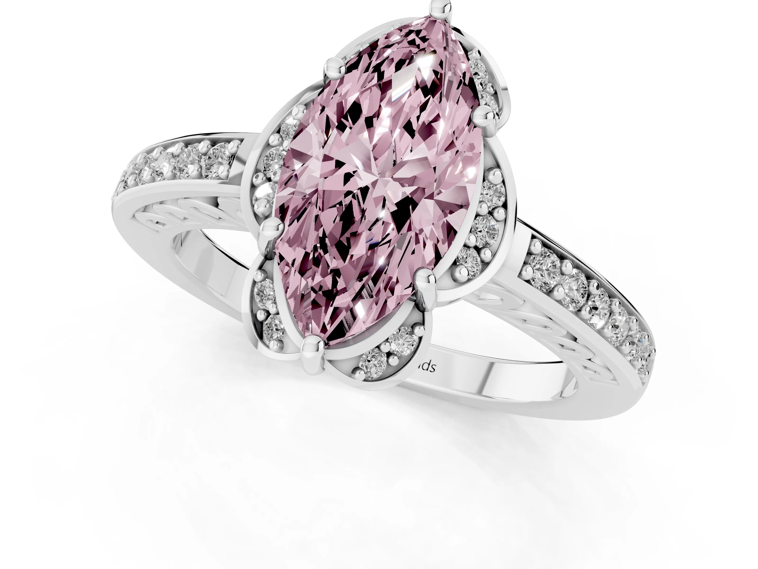 Fancy Pink Marquise Cut Diamond Halo Ring Set in White gold with Channel Set Band and Prong Setting