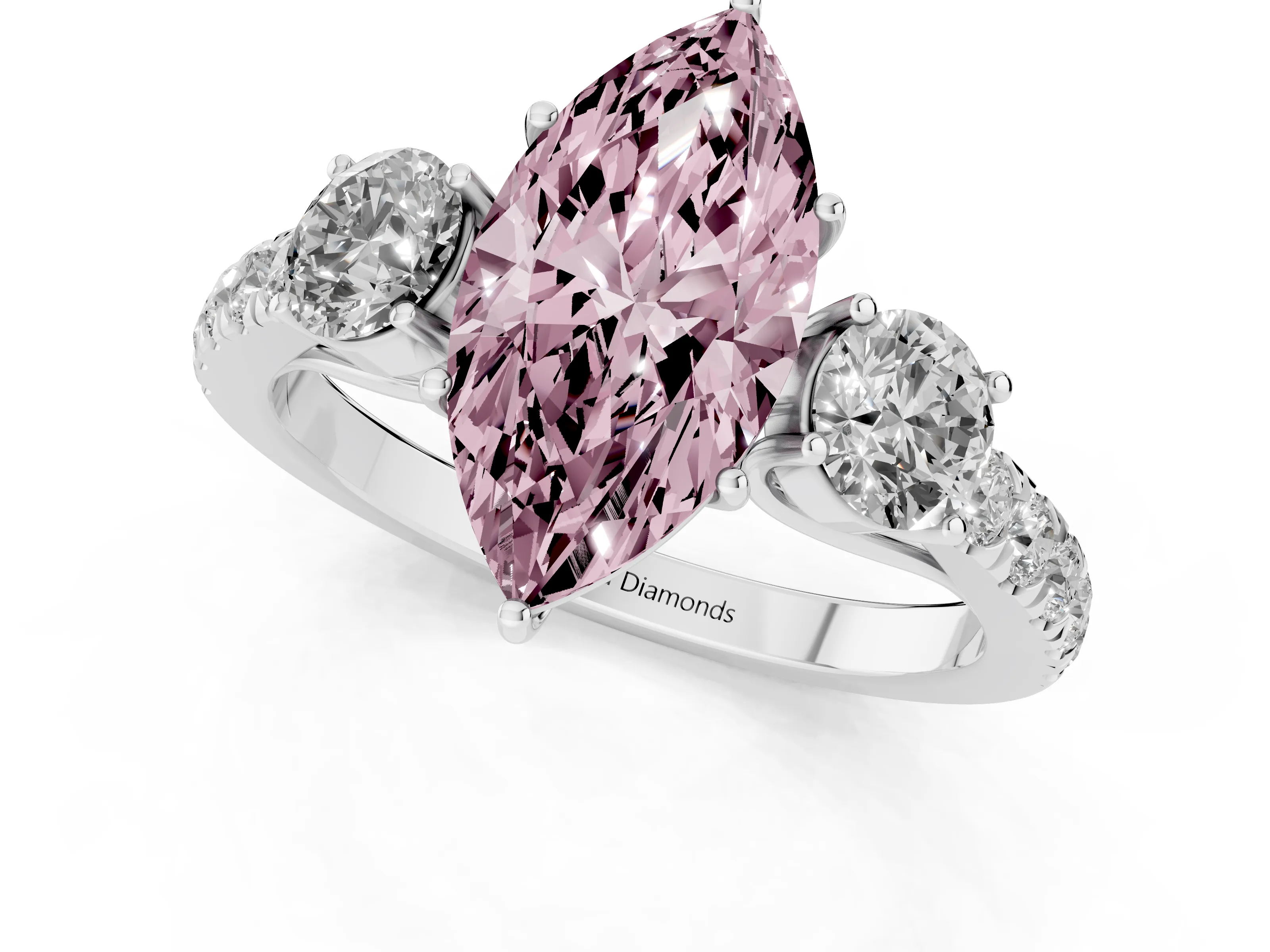 Fancy Pink Marquise Cut Diamond Three-Stone Ring Set in Silver with Round Side Stones and Delicate Pavé Band