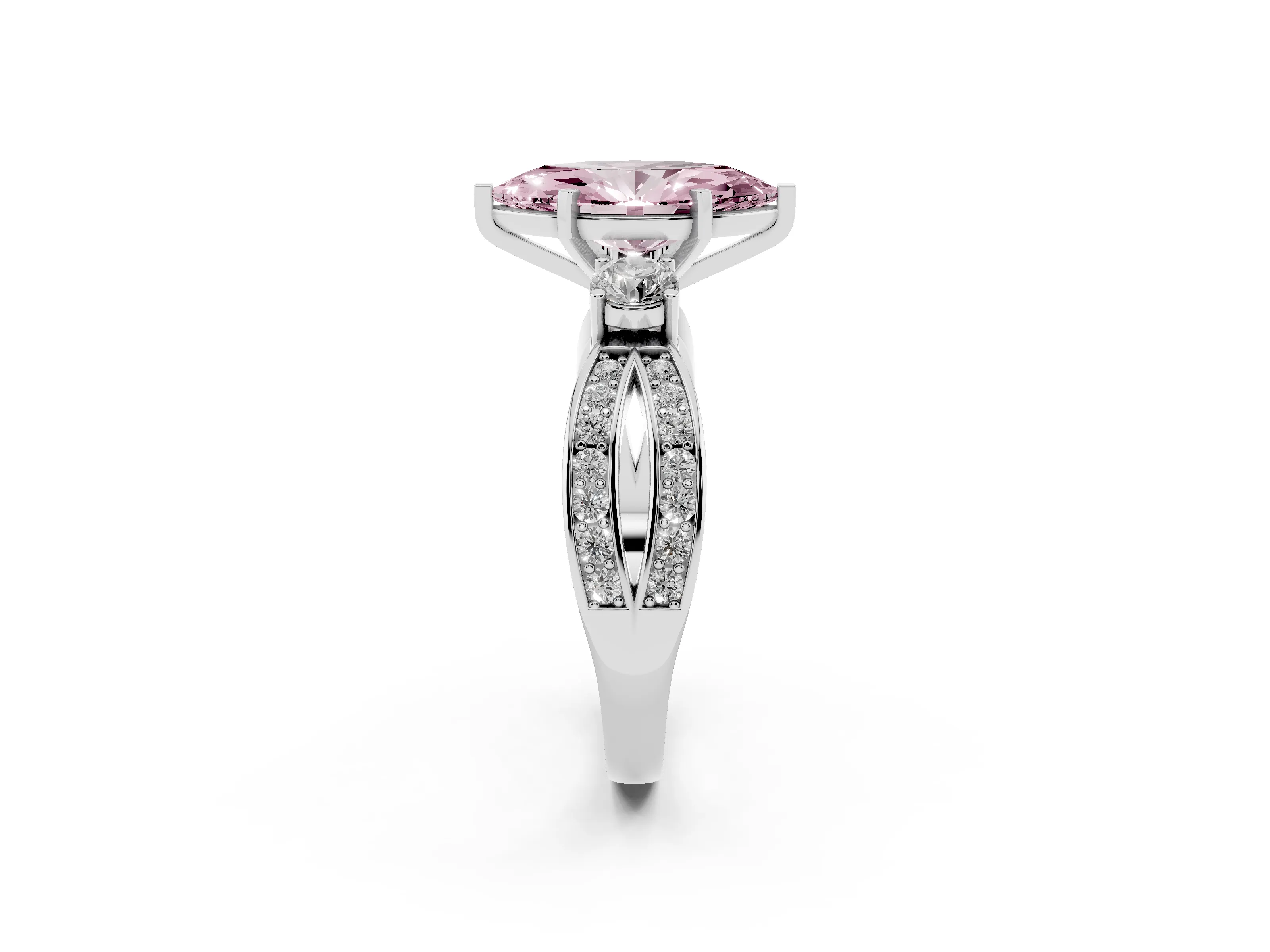 Fancy Pink Three-Stone Marquise Cut Diamond Twist Band Ring Set in White gold with Pavé Accents and Prong Setting