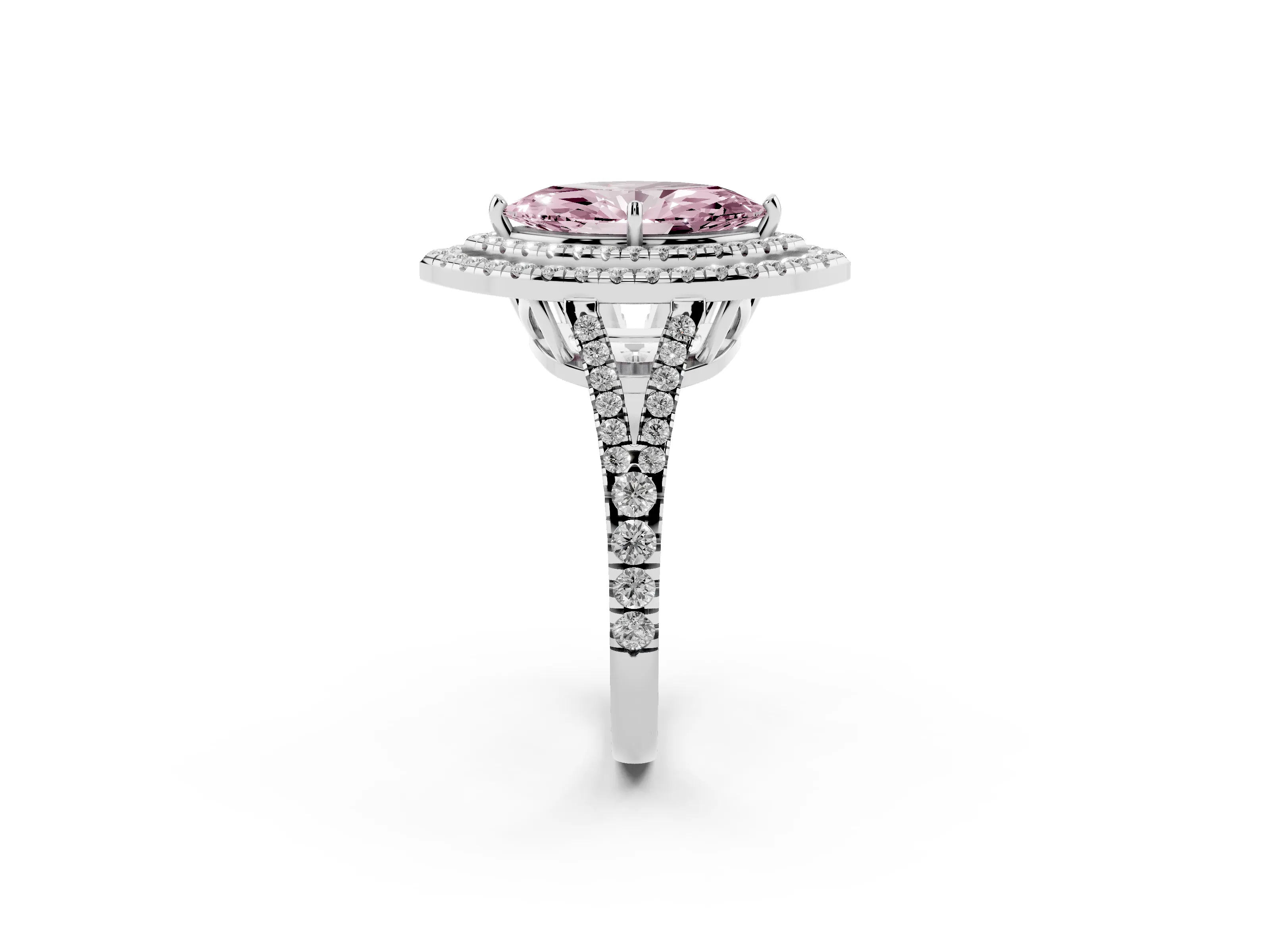 Fancy Pink Marquise Cut Diamond Double Halo Ring Set in Platinum with Pavé Band
