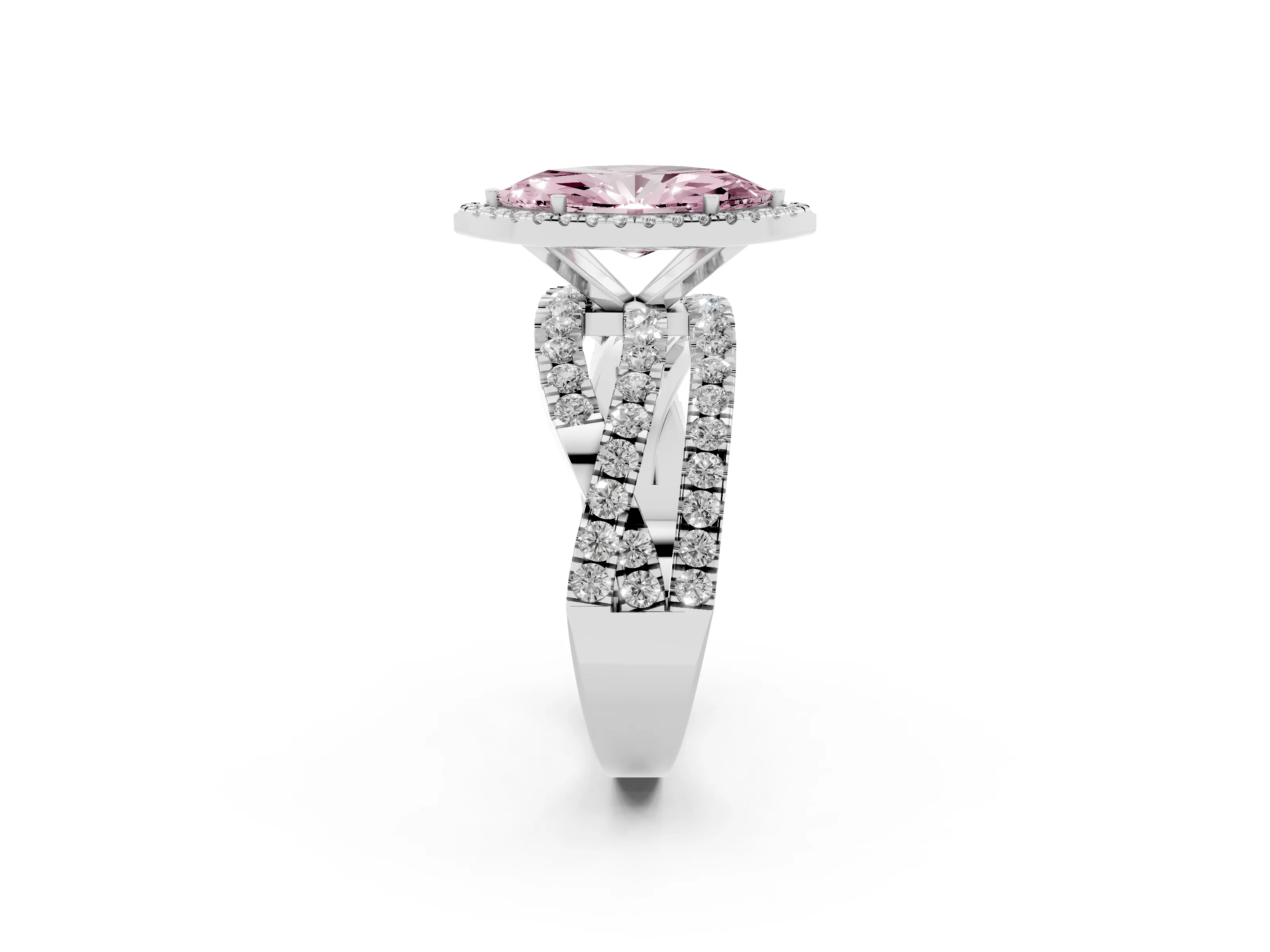 Fancy Pink Marquise Cut Diamond Halo Ring Set in White gold with Round Crossover Split Shank and Prong Setting