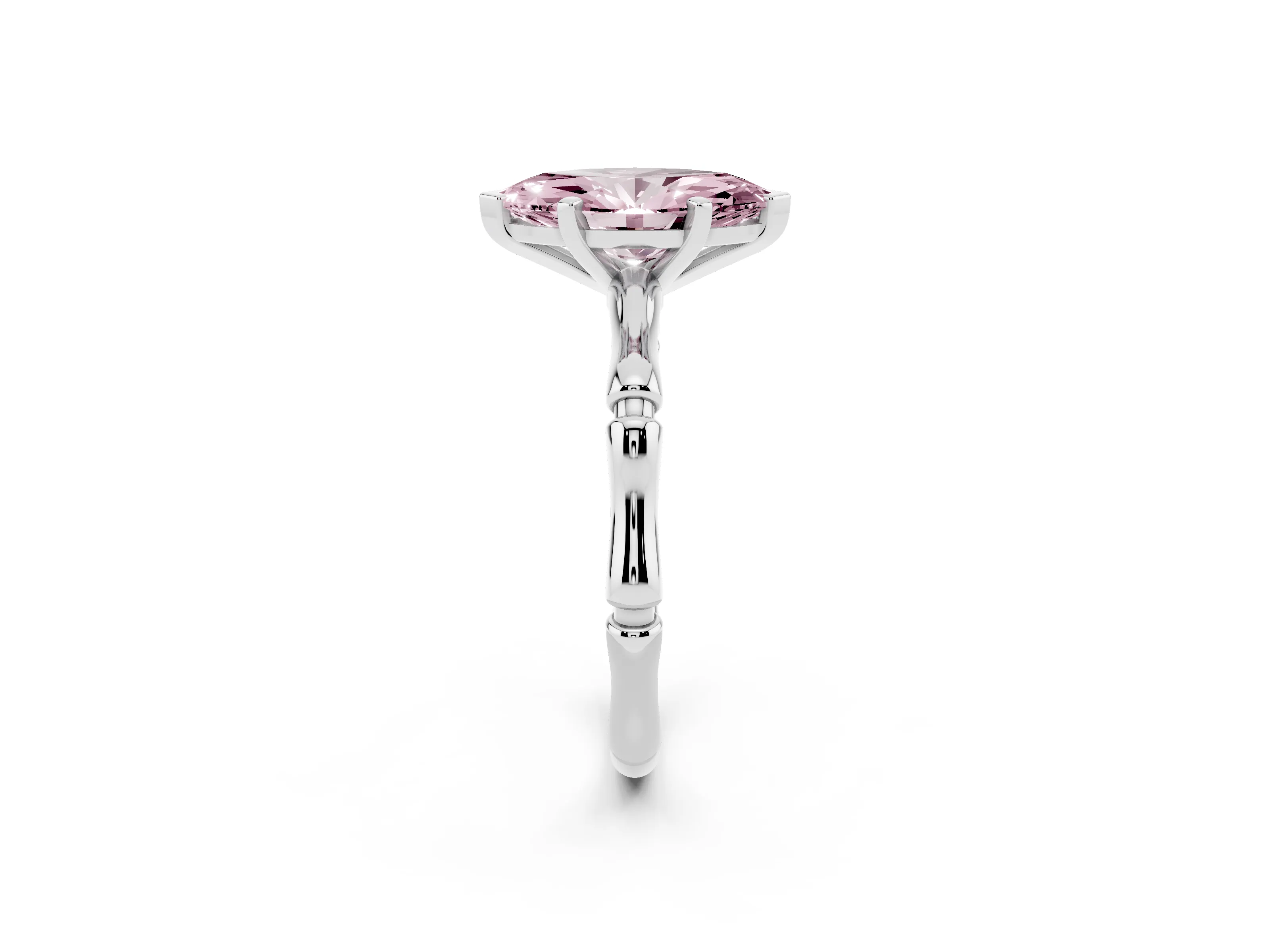 Fancy Pink Marquise Cut Diamond Solitaire Ring Set in Silver with Bamboo Band and Prong Setting
