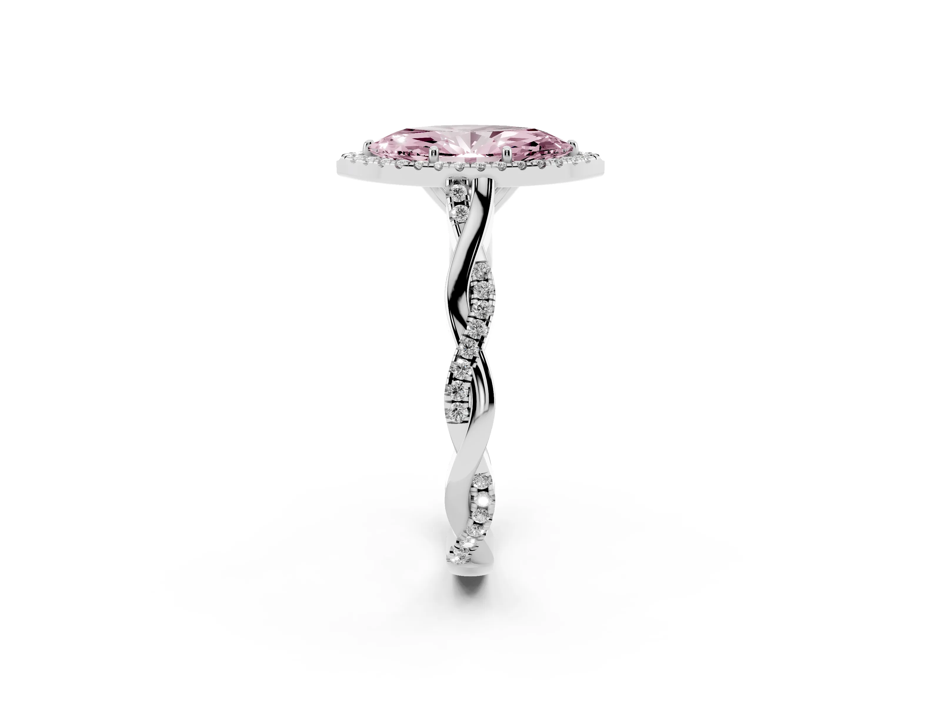 Fancy Pink Marquise Cut Diamond Halo Twist Band Solitaire Ring Set in White gold with Prong Setting