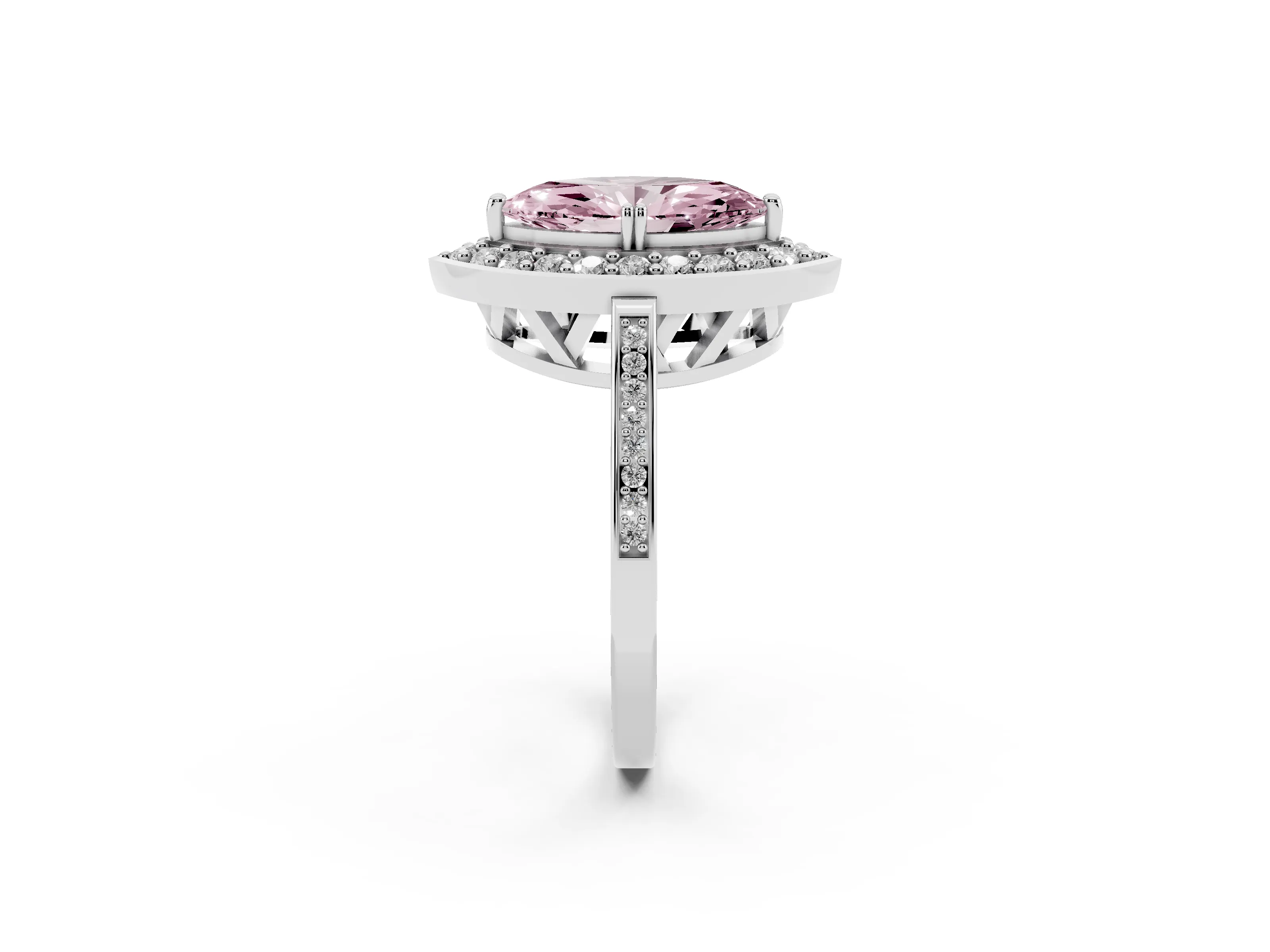 Fancy Pink Marquise Cut Diamond Halo Ring Set in Silver with Accent-Lined Split Shank and Prong Setting
