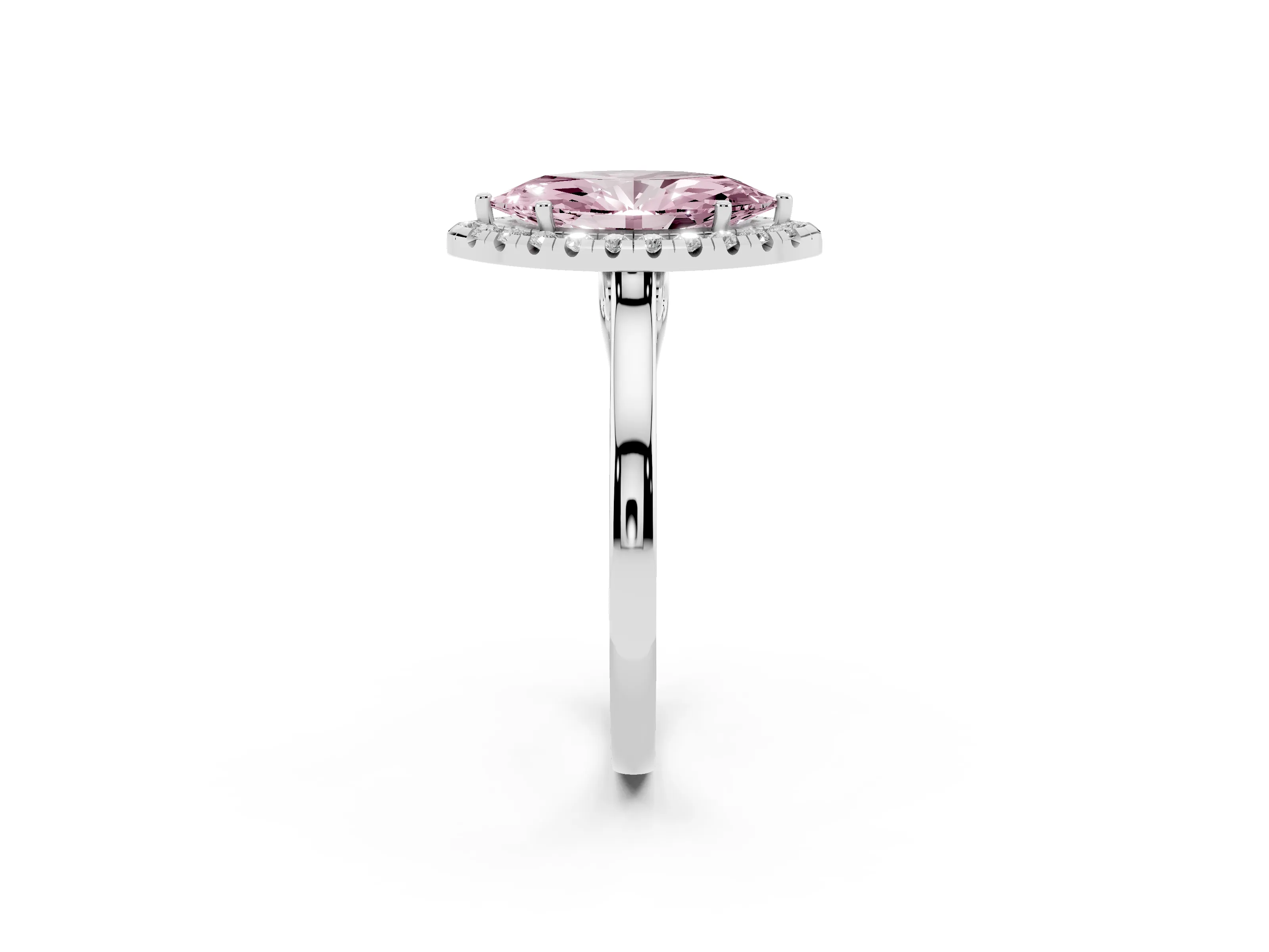 Fancy Pink Marquise Cut Halo Round Diamond Solitaire Ring Set in Platinum with Pavé Band and Prong Setting