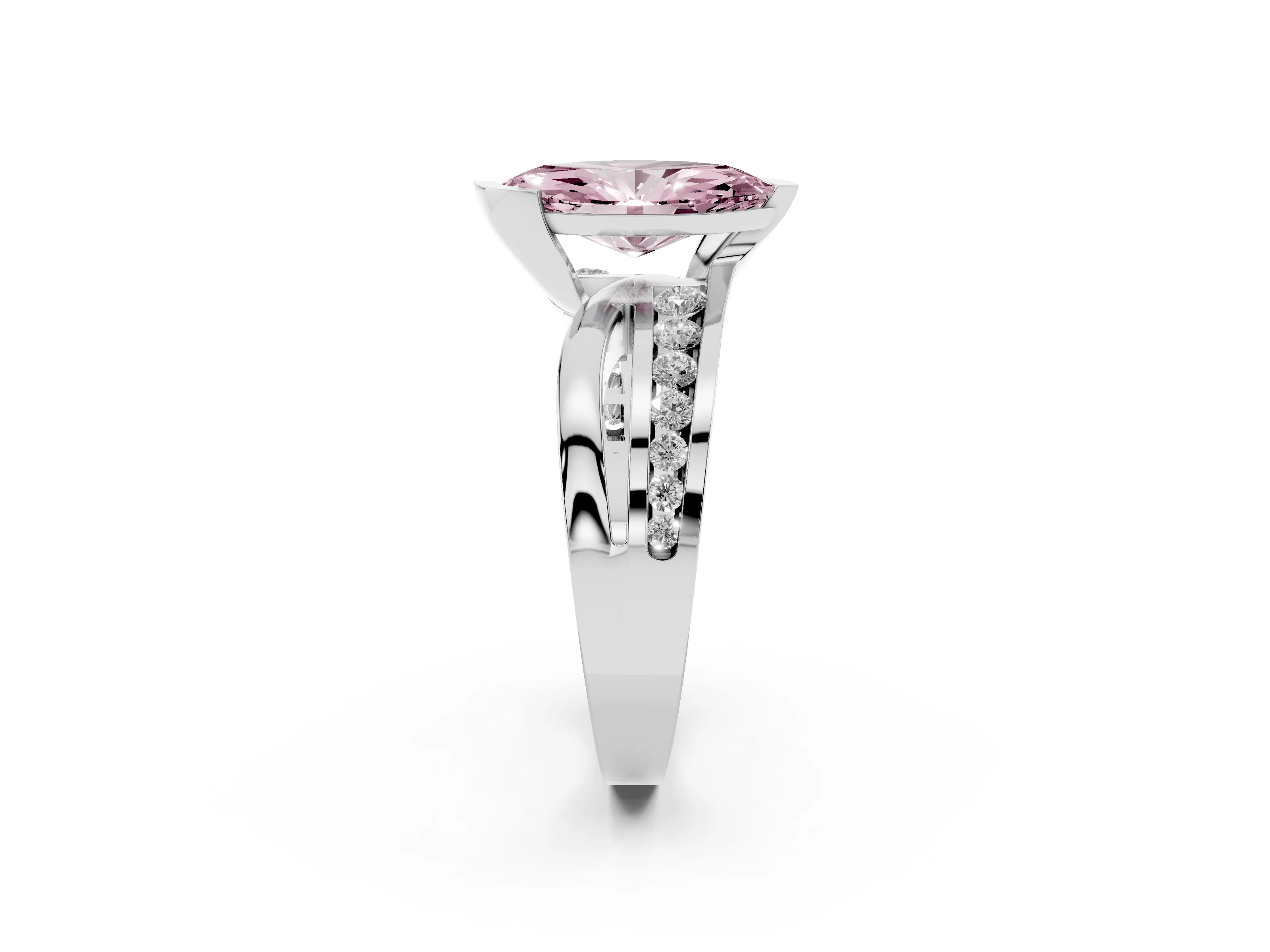 Fancy Pink Marquise Cut Diamond Solitaire Ring Set in Silver with Channel Set Split Shank and Tension Prongs