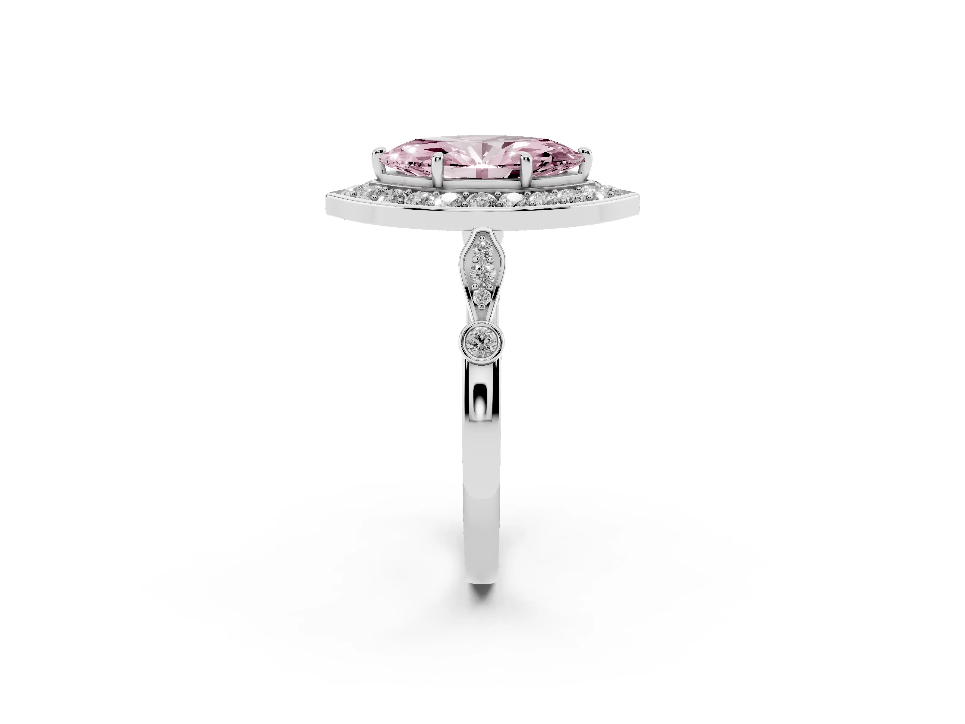 Fancy Pink Marquise Cut Diamond Halo Engagement Ring Set in Silver with Twisted Band and Prong Setting