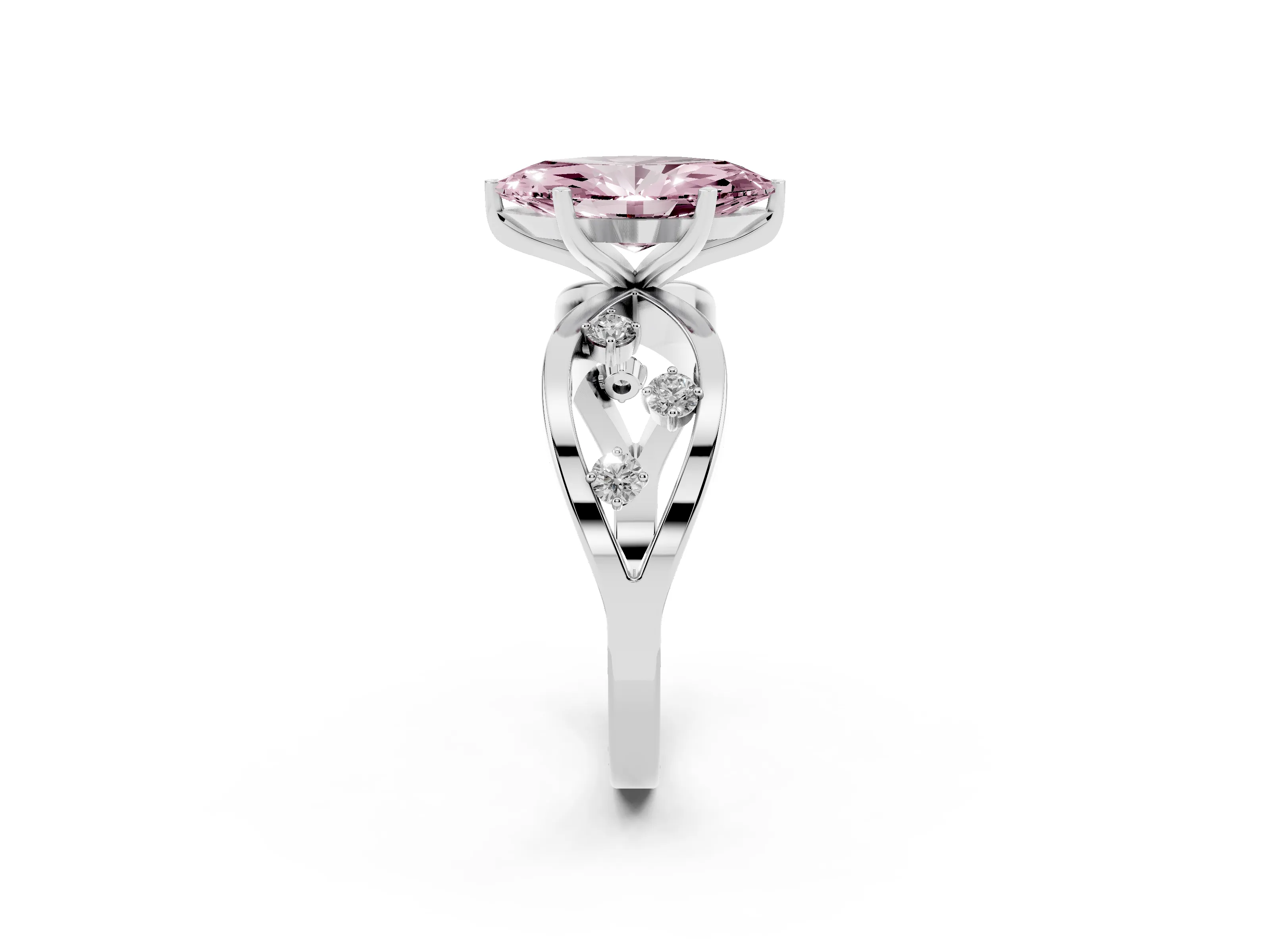 Fancy Pink Marquise Cut Diamond Solitaire Ring Set in Silver with Side Stones on Criss-Cross Band and Prong Setting