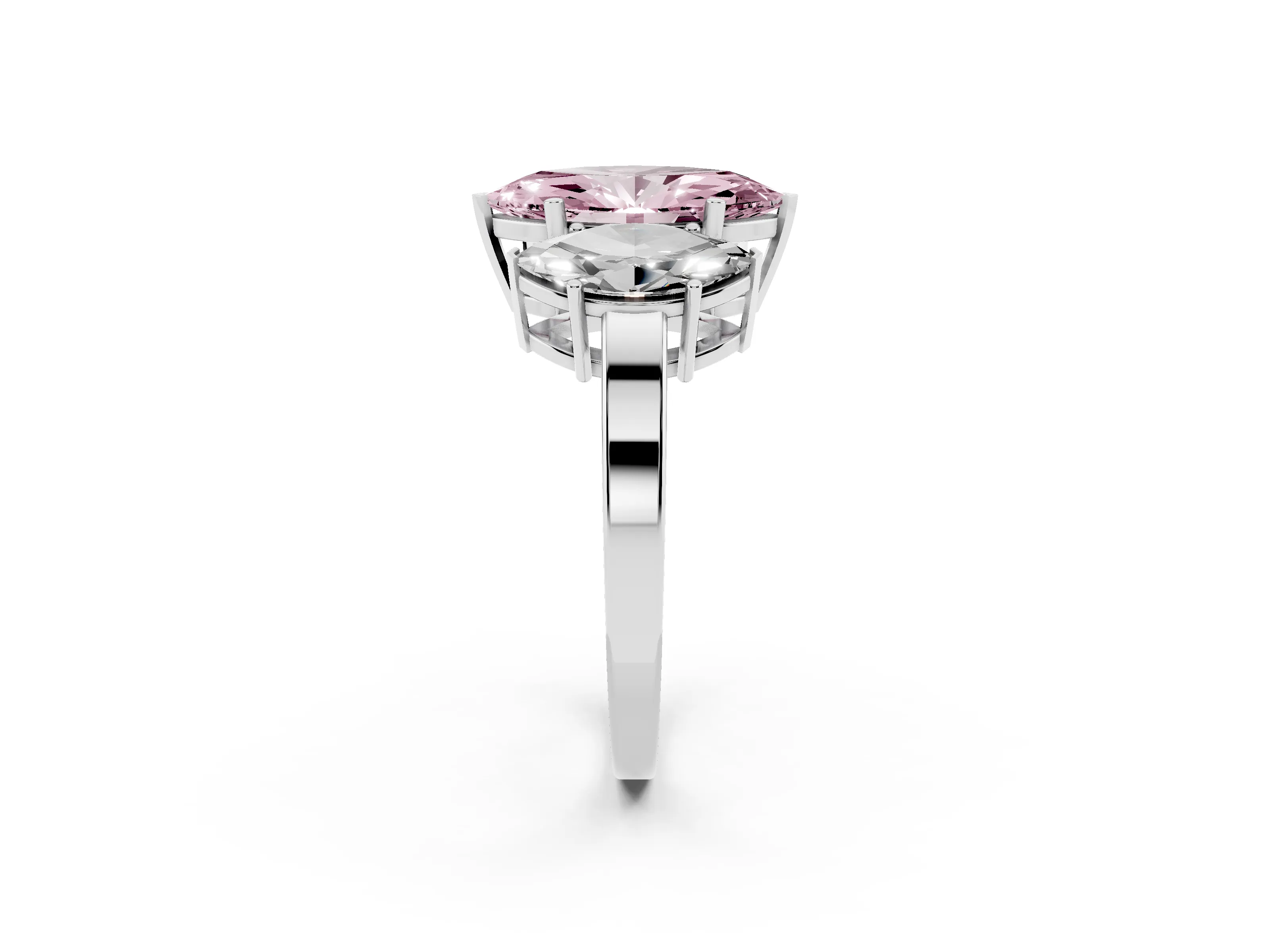 Fancy Pink Marquise Cut Diamond Three-Stone Engagement Ring Set in Platinum with Flat Band