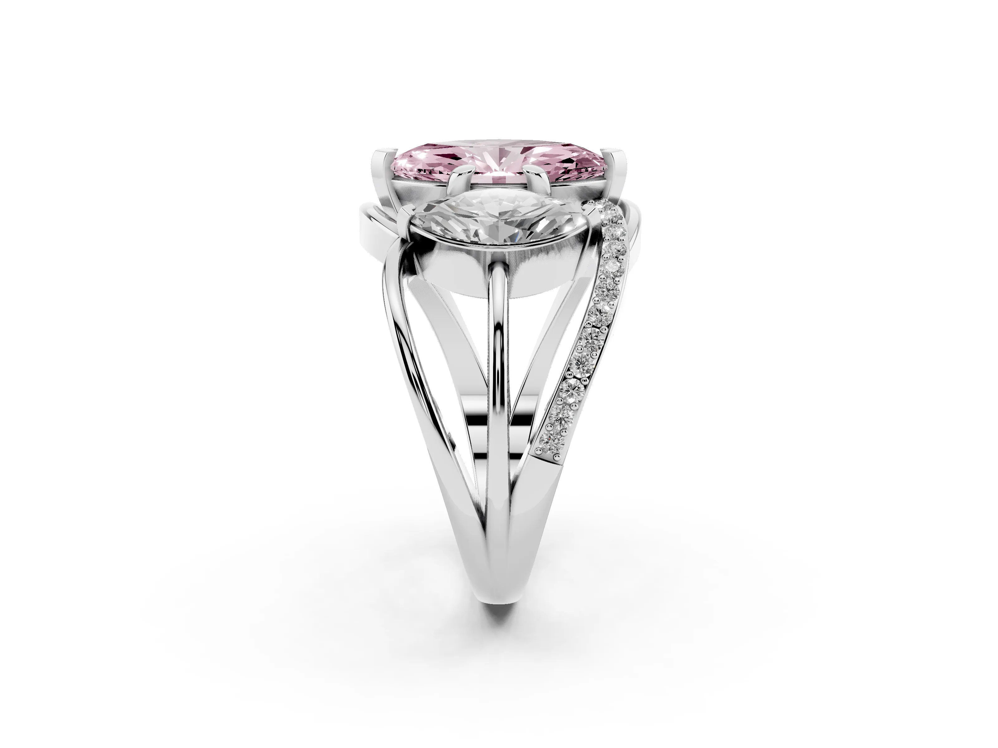 Fancy Pink Marquise Cut Diamond Three-Stone Ring Set in Platinum with Split Shank and Prong Setting