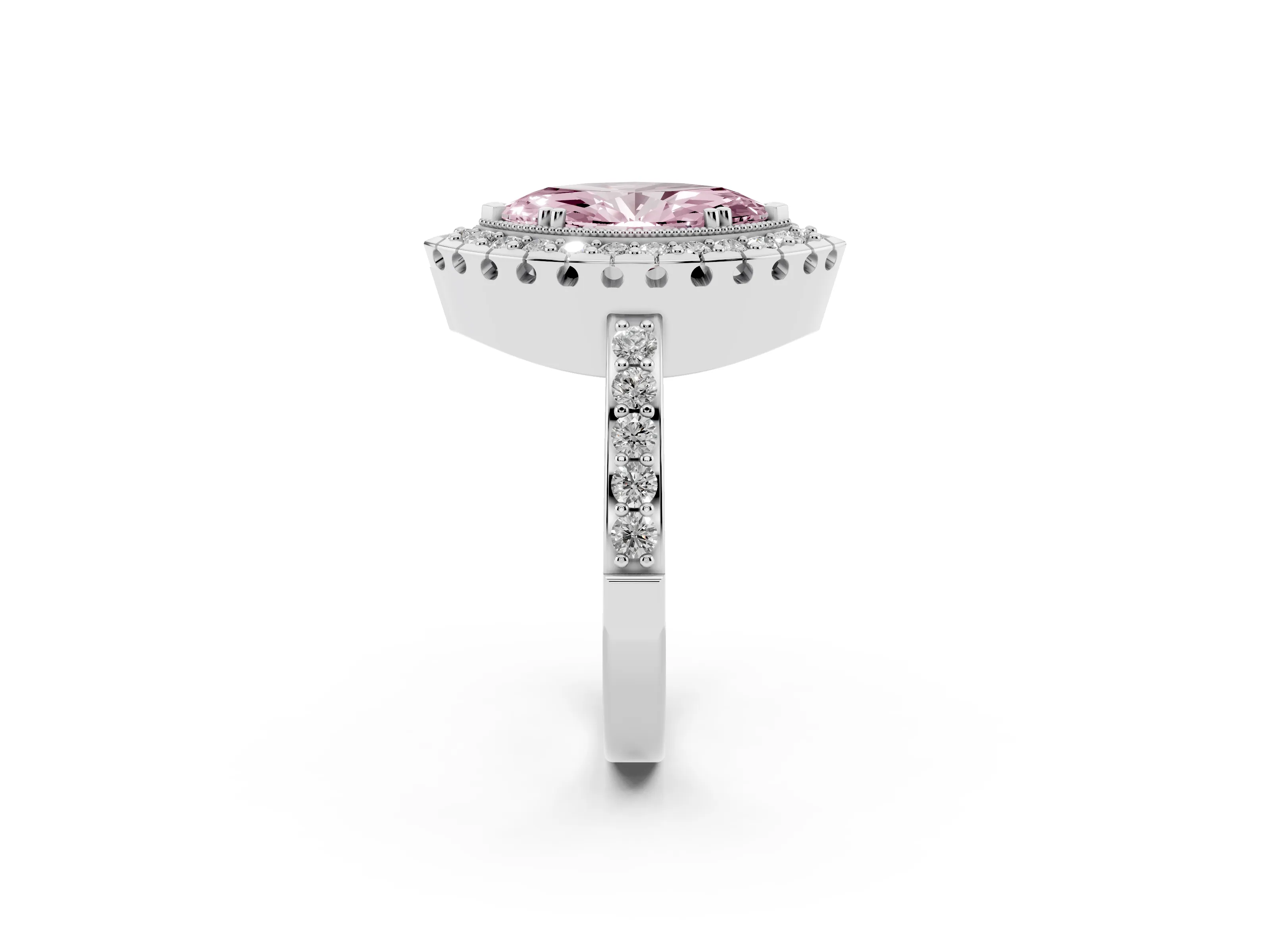 Fancy Pink Marquise Cut Diamond Halo Ring Set in White gold with Pavé Shank and Prong Setting