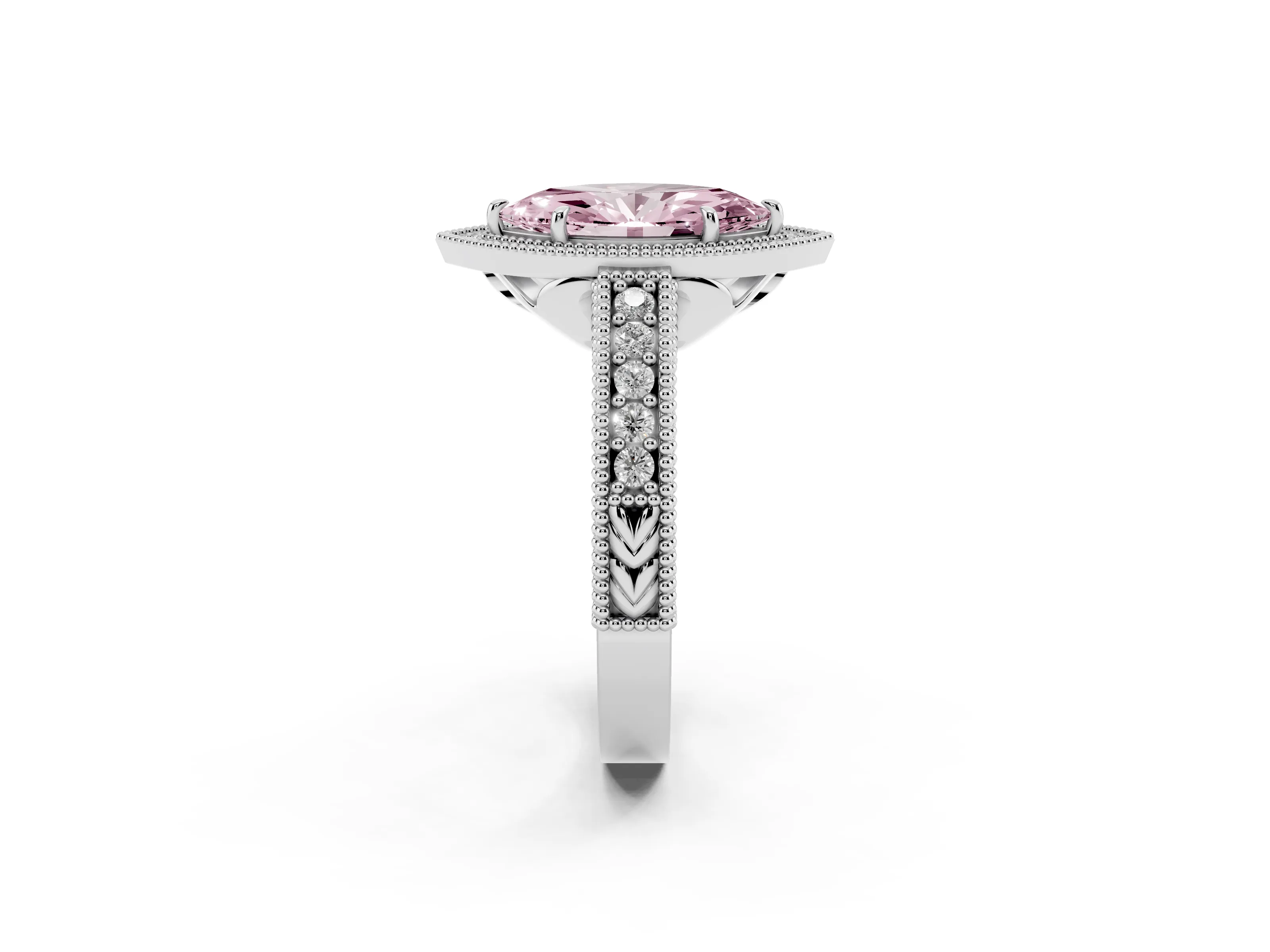 Fancy Pink Marquise Cut Diamond Halo Ring Set in White gold with Round Accent Halo, Pavé Band and Prong Setting