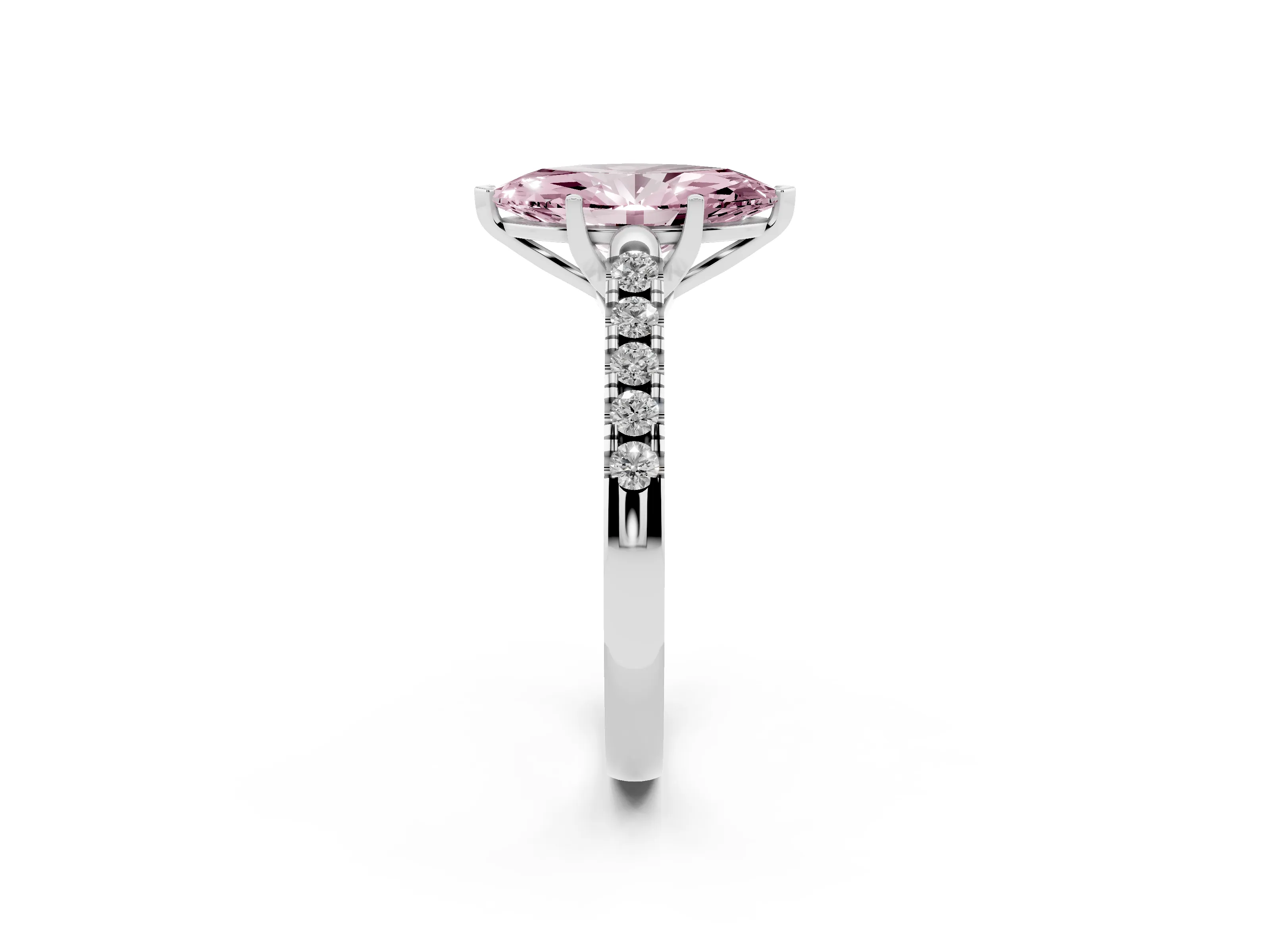 Fancy Pink Marquise Cut Diamond Pavé Band Solitaire Ring Set in White gold with Partway Accent Stones and Prong Setting