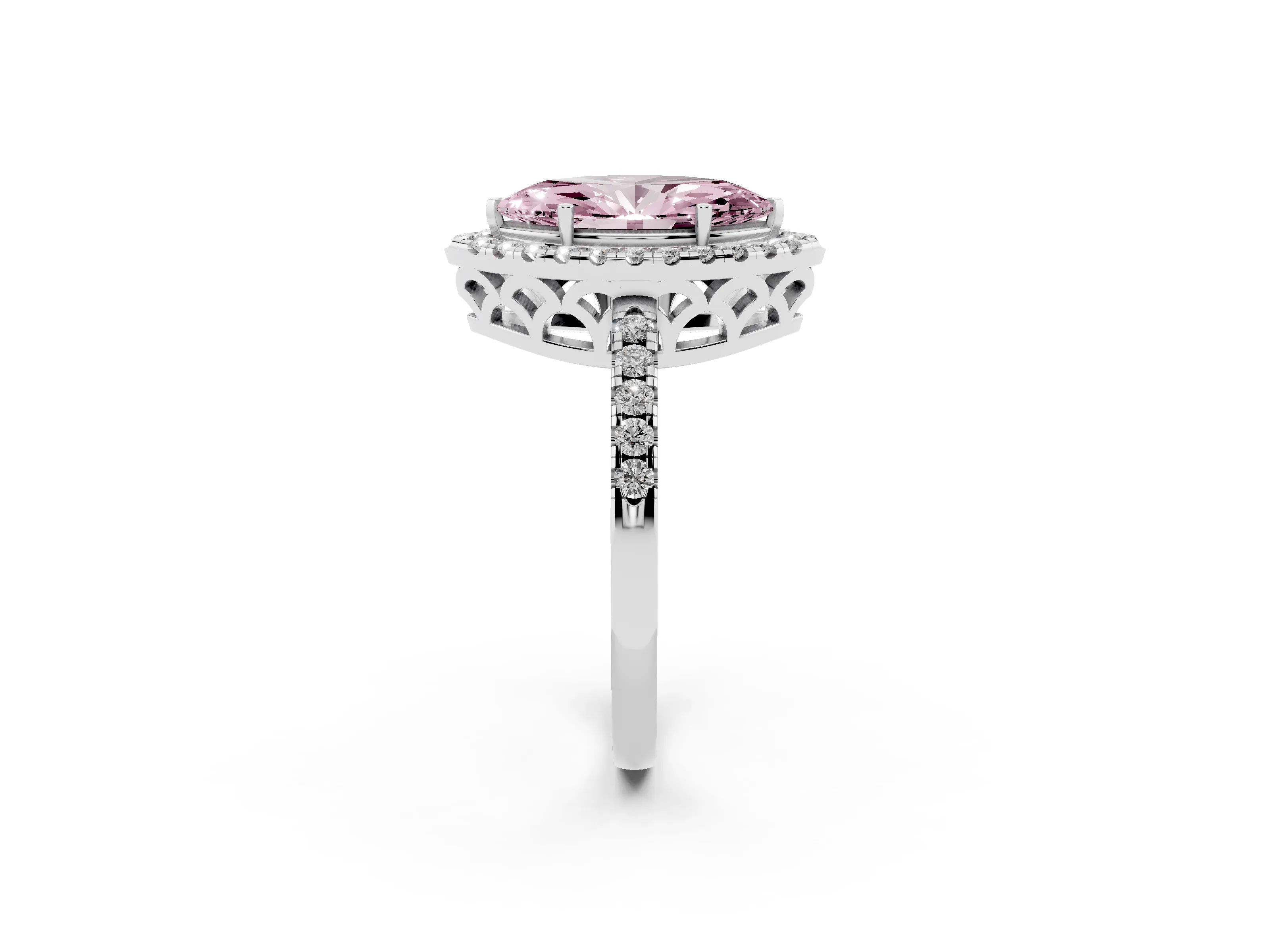 Fancy Pink Marquise Cut Diamond Pavé Band Halo Engagement Ring Set in White gold with Prong Setting