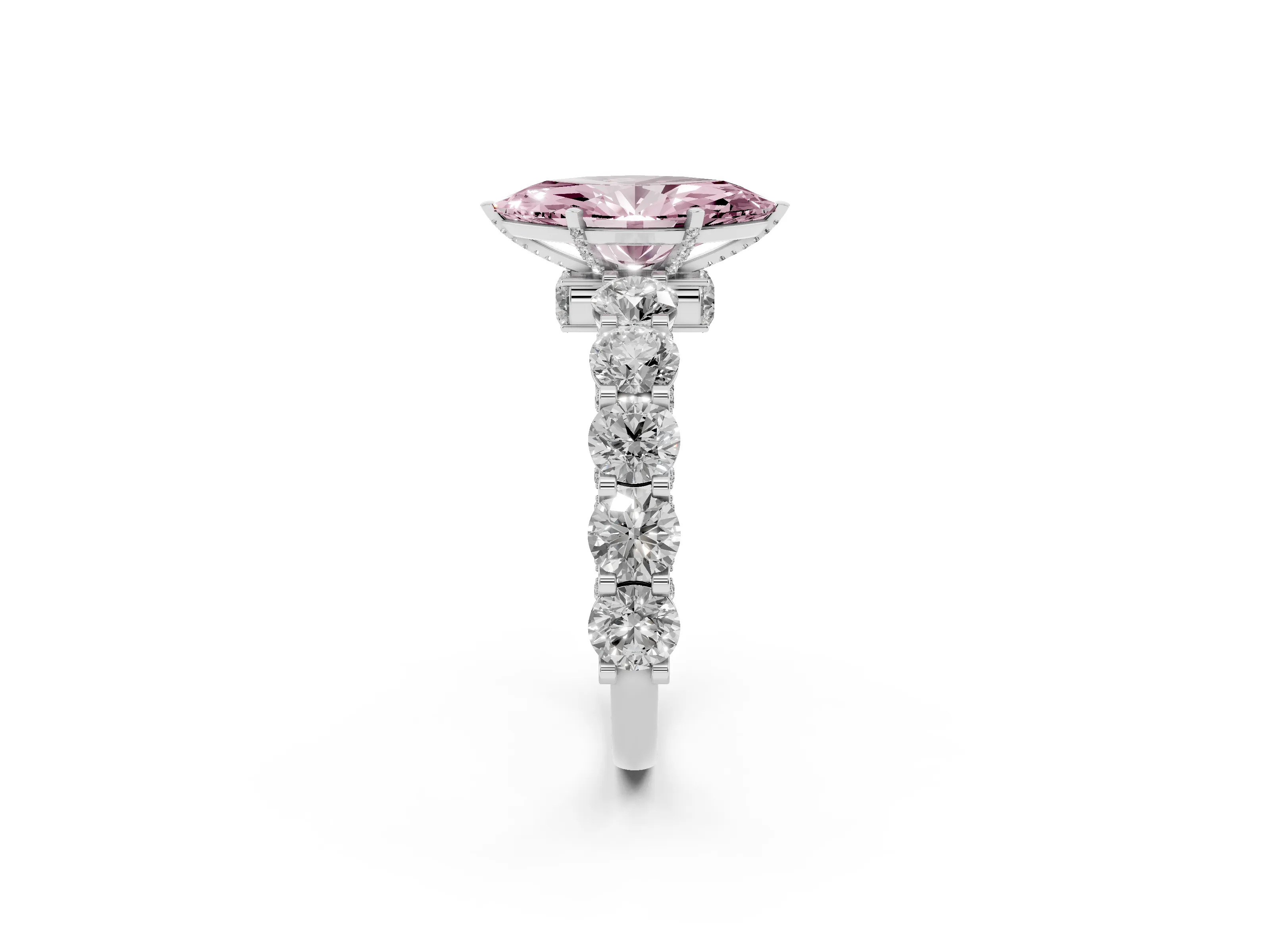 Fancy Pink Marquise Cut Diamond Side Stone Ring Set in Silver with Alternating Round and Oval Side Stones