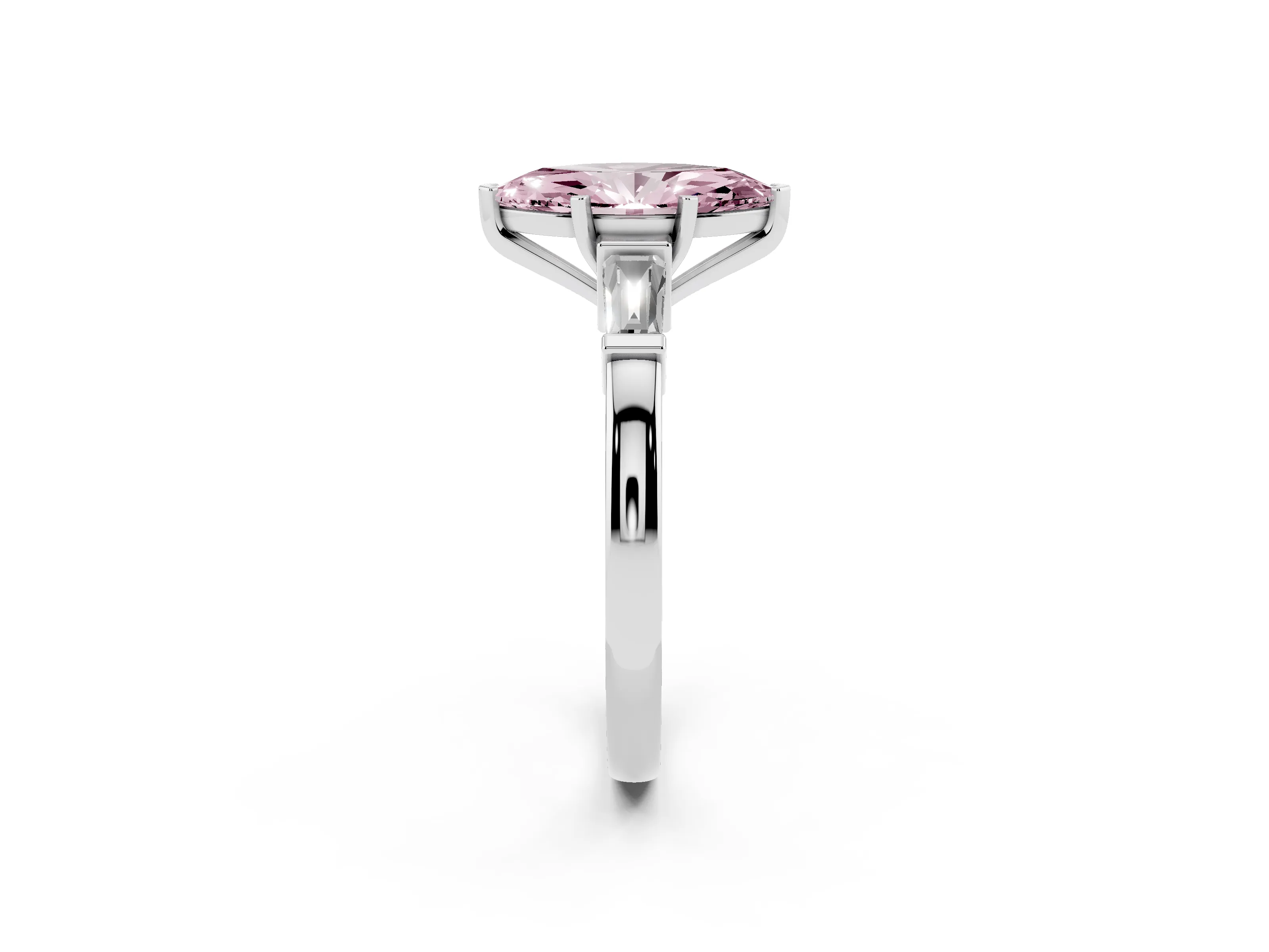 Fancy Pink Marquise Cut Diamond Solitaire Ring Set in White gold with Tapered Baguette Accents and Prong Setting