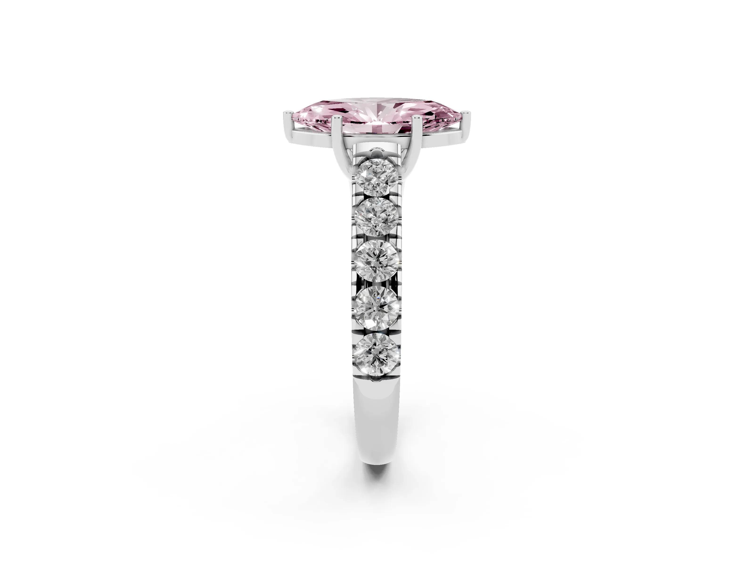 Fancy Pink Marquise Cut Diamond Solitaire Ring Set in White gold with Cut-Down Micro Pavé Band and Prong Setting