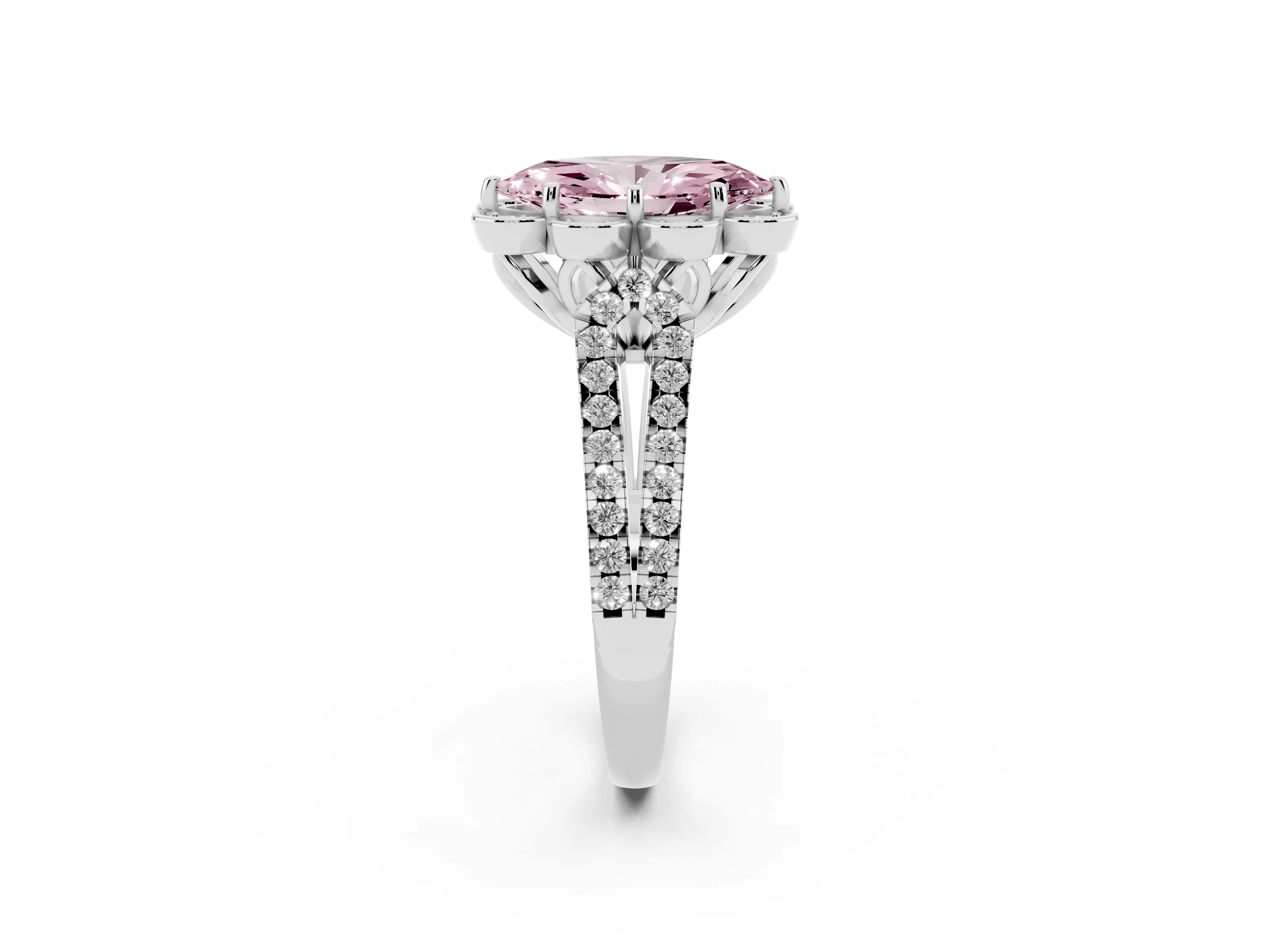 Fancy Pink Marquise Cut Diamond Floral Halo Split Shank Engagement Ring Set in Platinum with Pavé Shank
