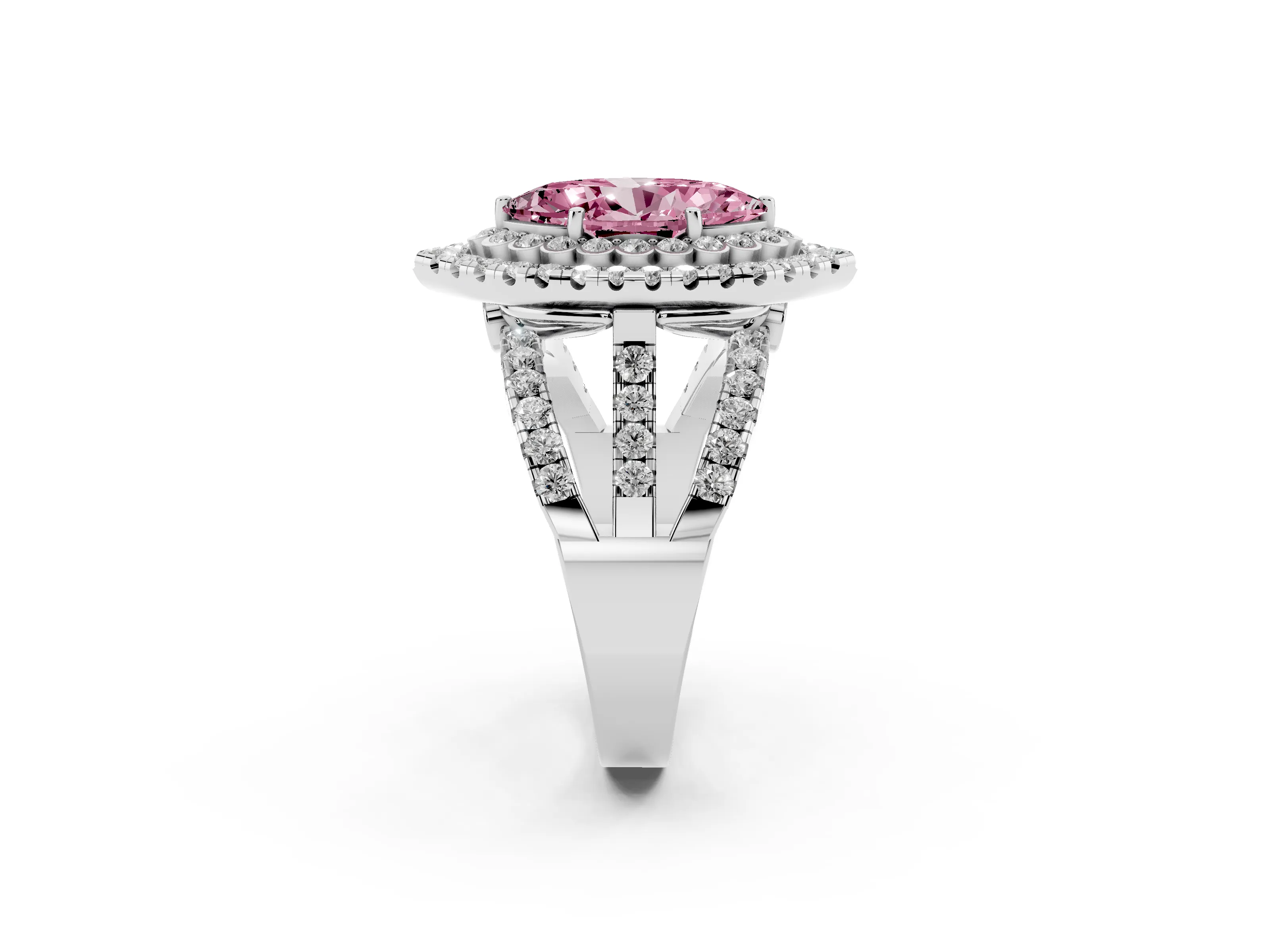 Fancy Pink Marquise Cut Diamond Double Halo Ring Set in White gold with Round Pavé Split Shank